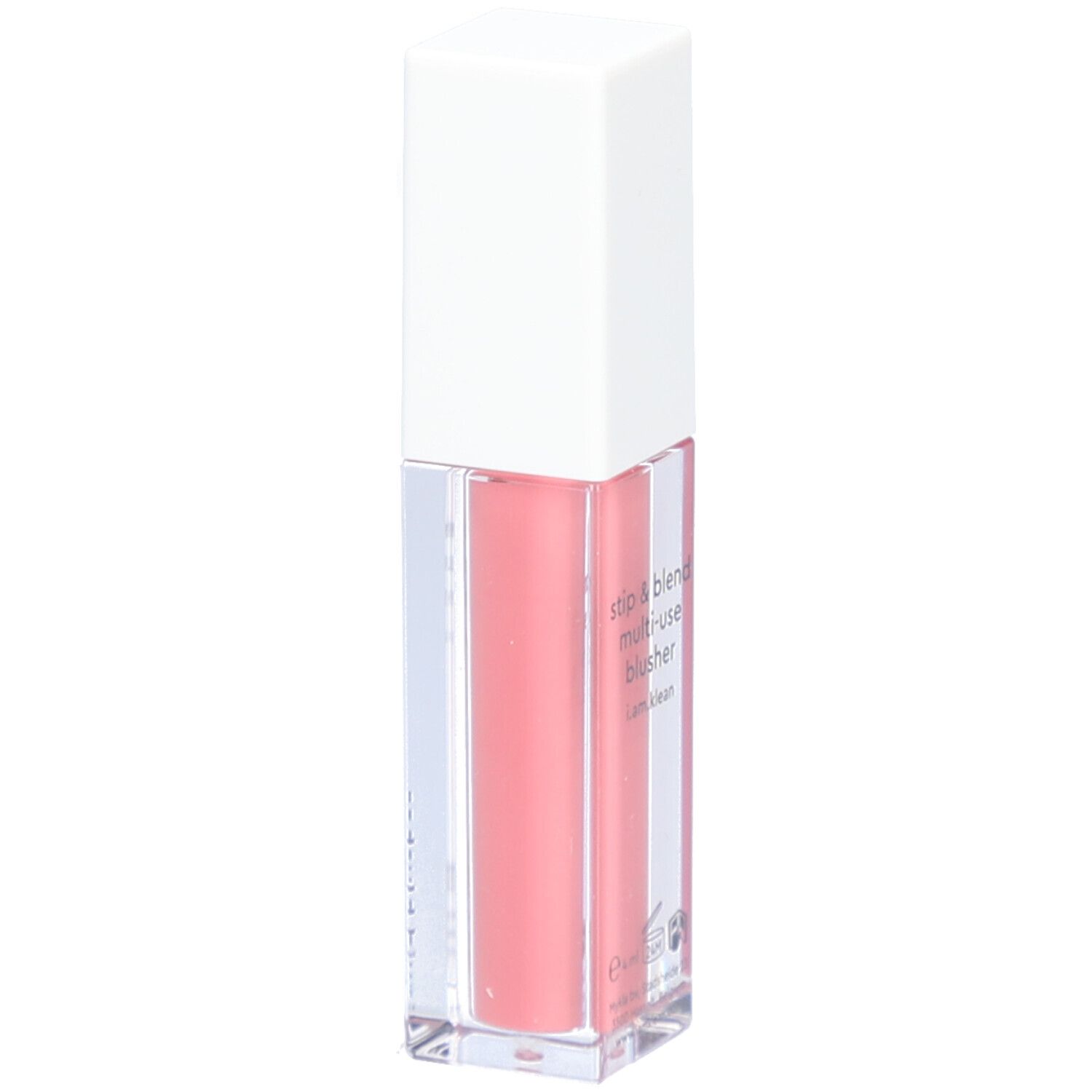 Vloeibare blush in een rechthoekige, transparante fles met witte dop. Opschrift: i.am.klean, liquid blusher.