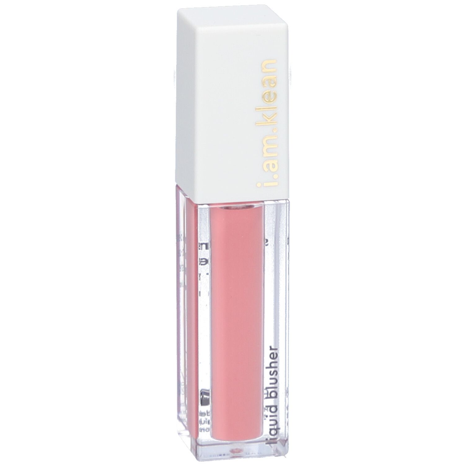 Vloeibare blush in een rechthoekige, transparante fles met witte dop. Opschrift: i.am.klean, liquid blusher.