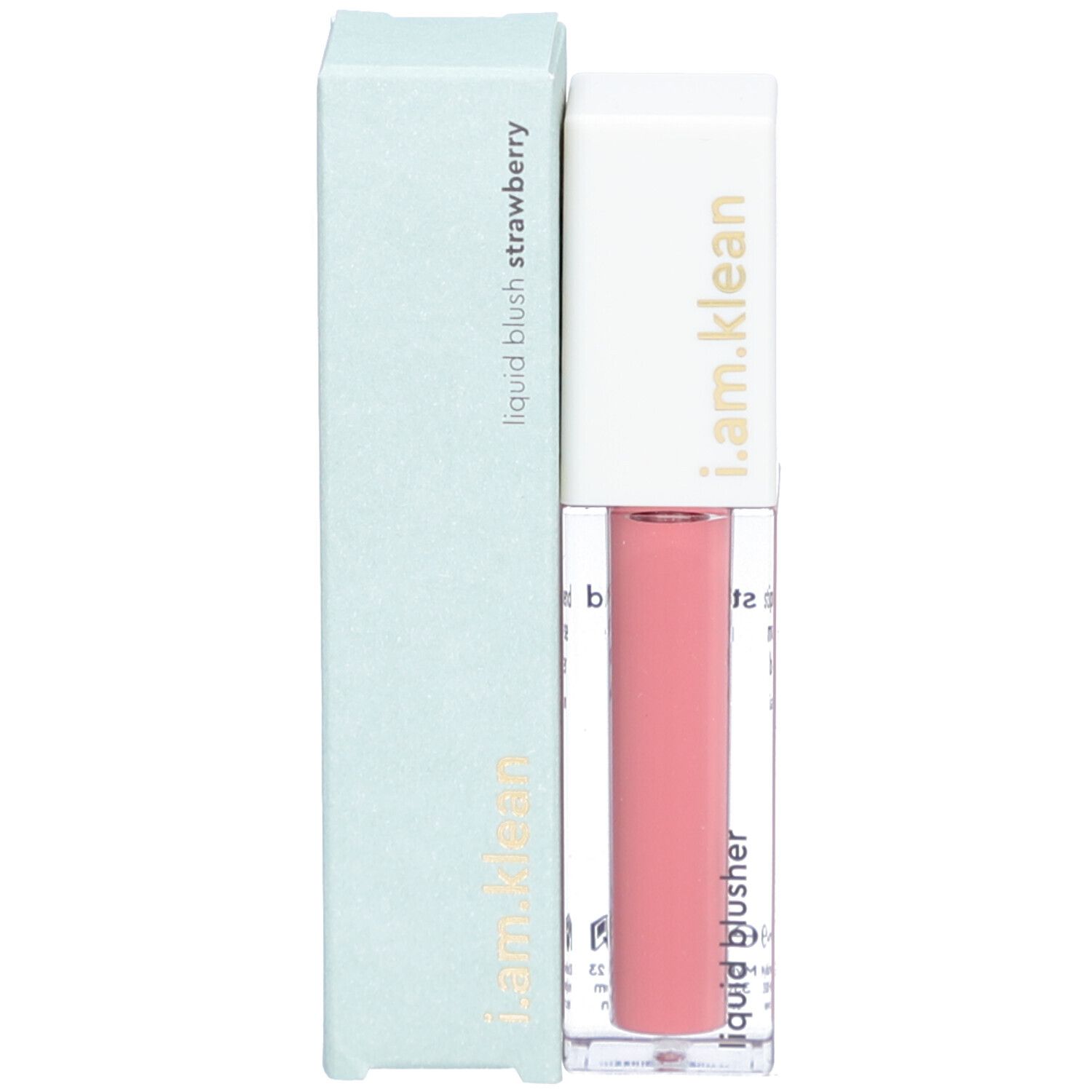 Vloeibare blush met verpakking. Opschrift: i.am.klean, liquid blush strawberry. Fles en verpakking lichtblauw.