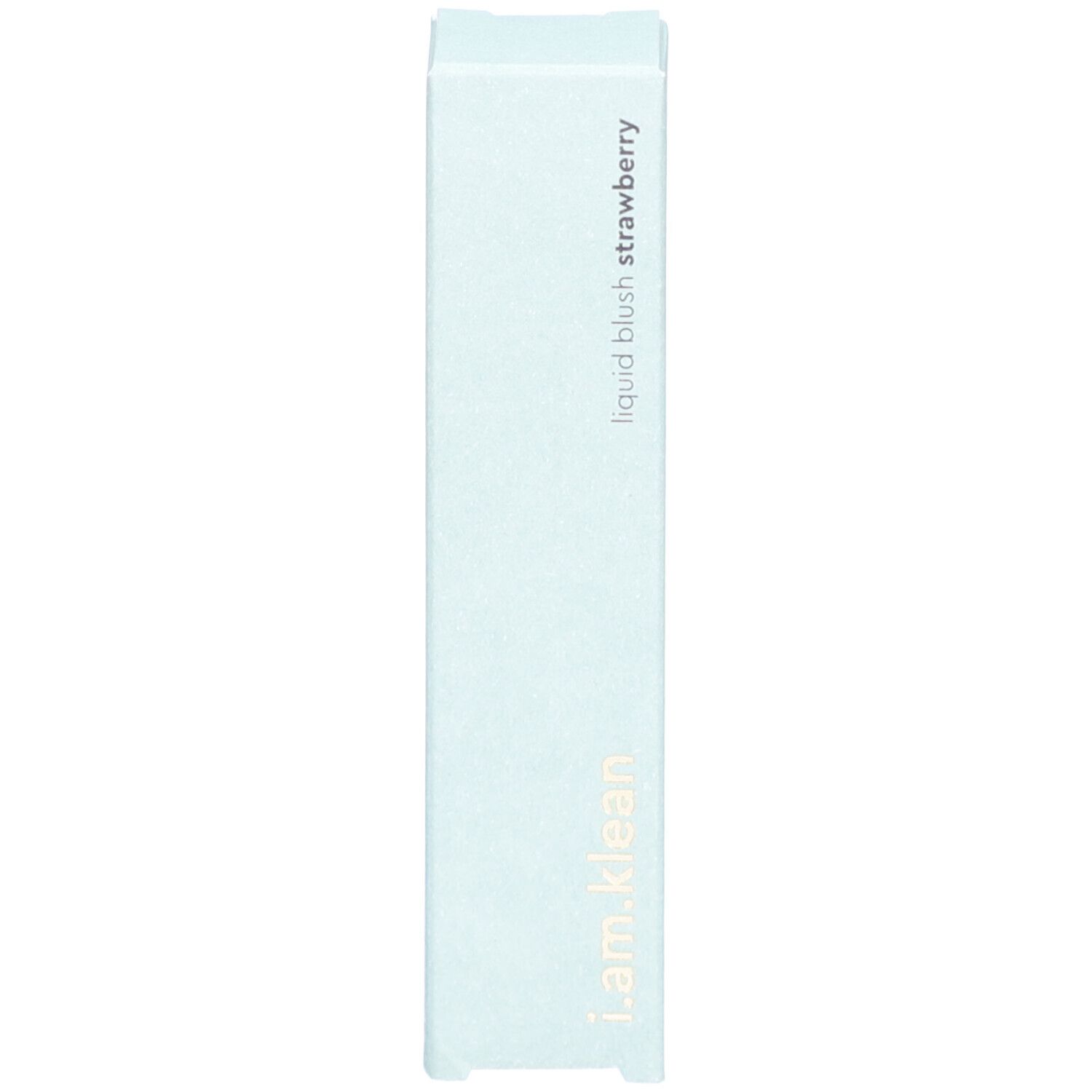 Lichtblauwe verpakking voor een vloeibare blush. Opschrift: i.am.klean, liquid blush strawberry.