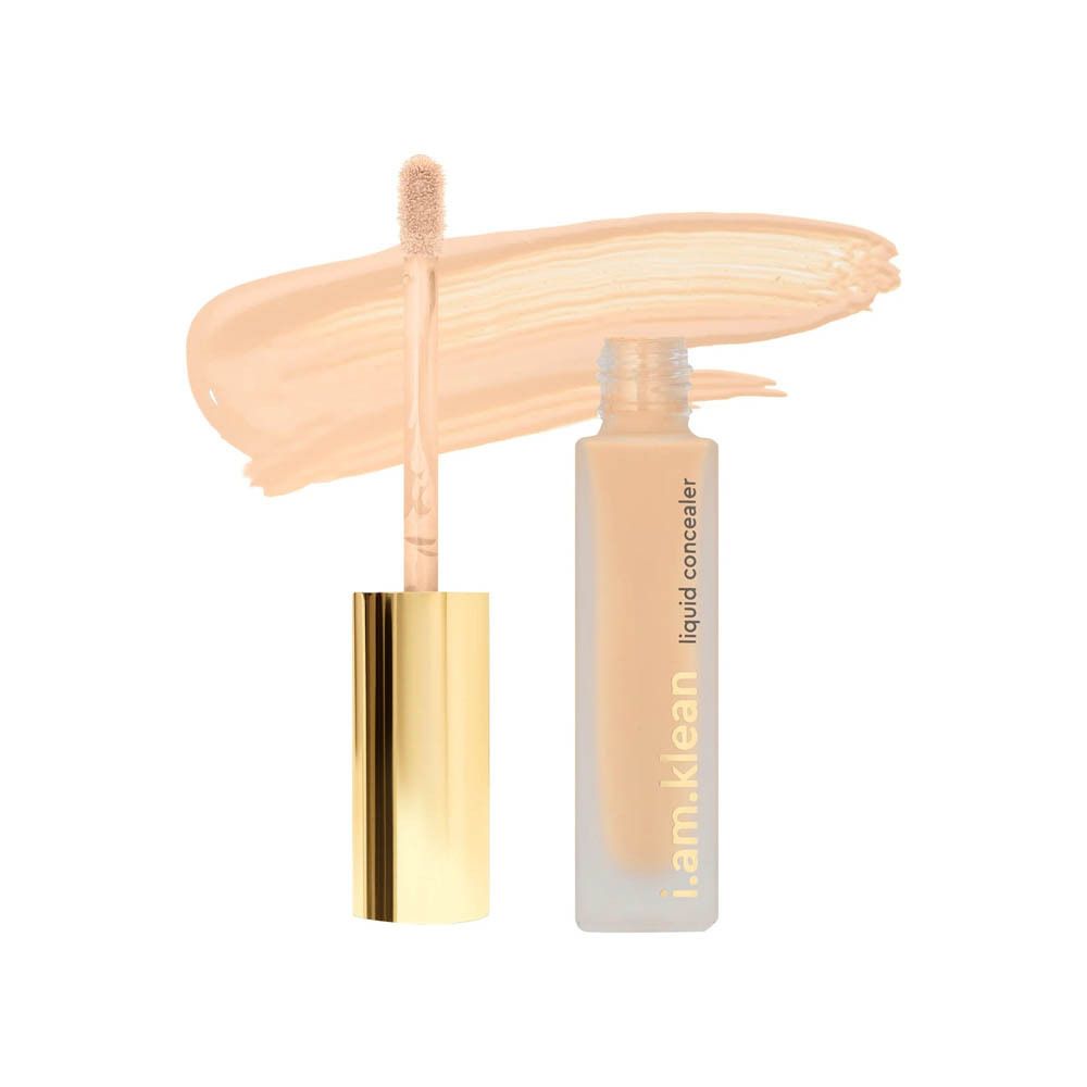 Vloeibare concealer met applicator en kleurstalen. Opschrift: i.am.klean.