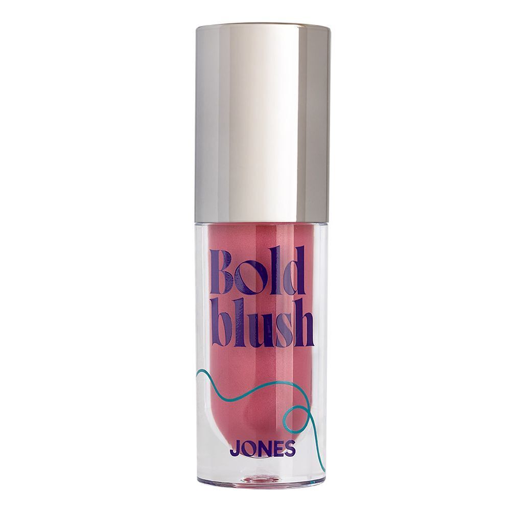 Vloeibare blush in een transparante fles met zilveren dop. Opschrift: Bold blush, JONES.