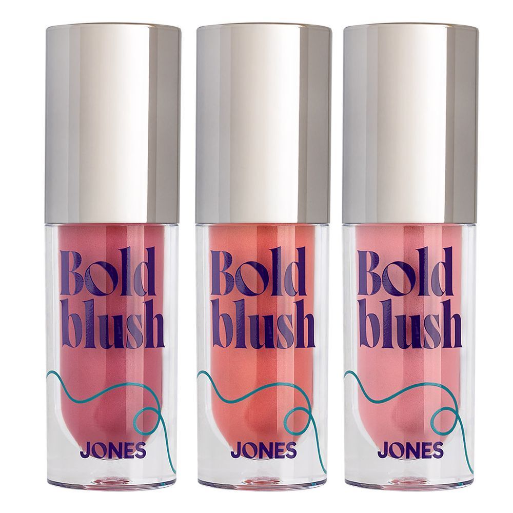 Drie flessen vloeibare blush. Opschrift: Bold blush, JONES.