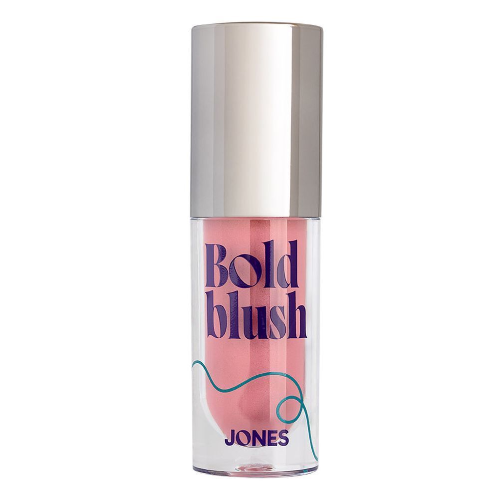 Vloeibare blush in een transparante fles met zilveren dop. Opschrift: Bold blush, JONES.