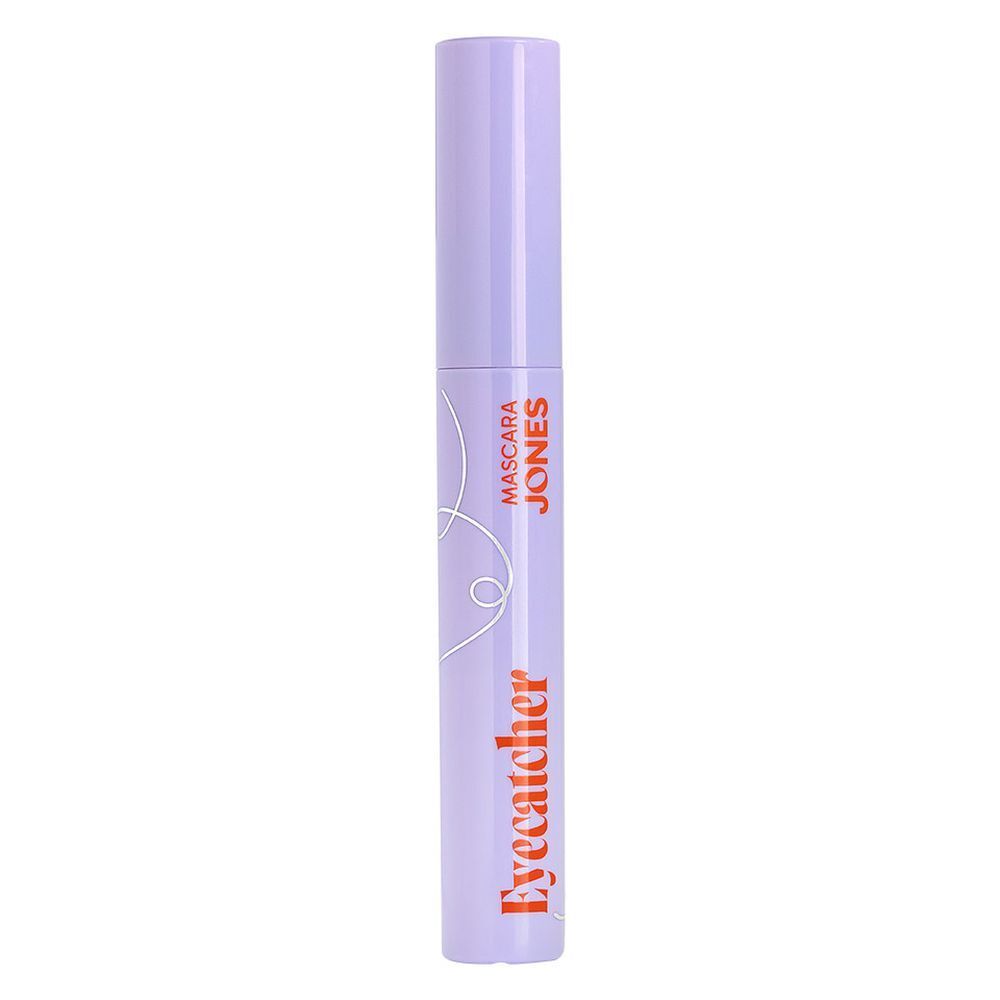 Lila mascara tube met oranje tekst 'Eyecatcher' en 'Mascara Jones'.