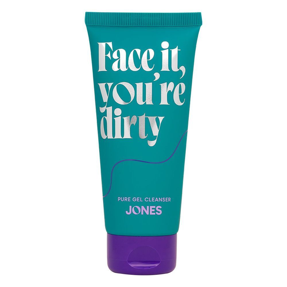Turquoise tube met zilveren tekst "Face it, you're dirty". Onderaan staat "Pure Gel Cleanser JONES".