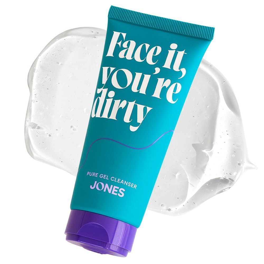 Turquoise tube met zilveren tekst "Face it, you're dirty". Daarnaast een transparant gelspoor.