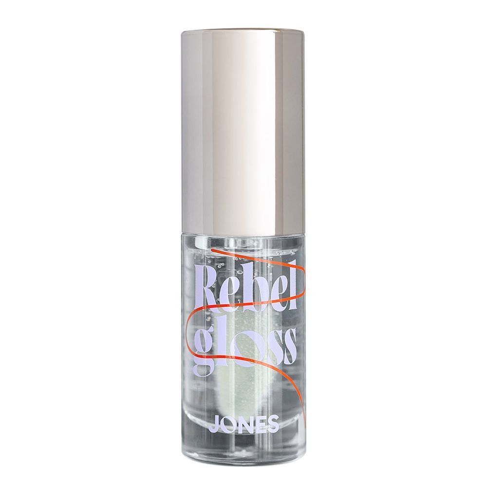 Transparante fles met zilveren dop. Opschrift Rebel Gloss en JONES.