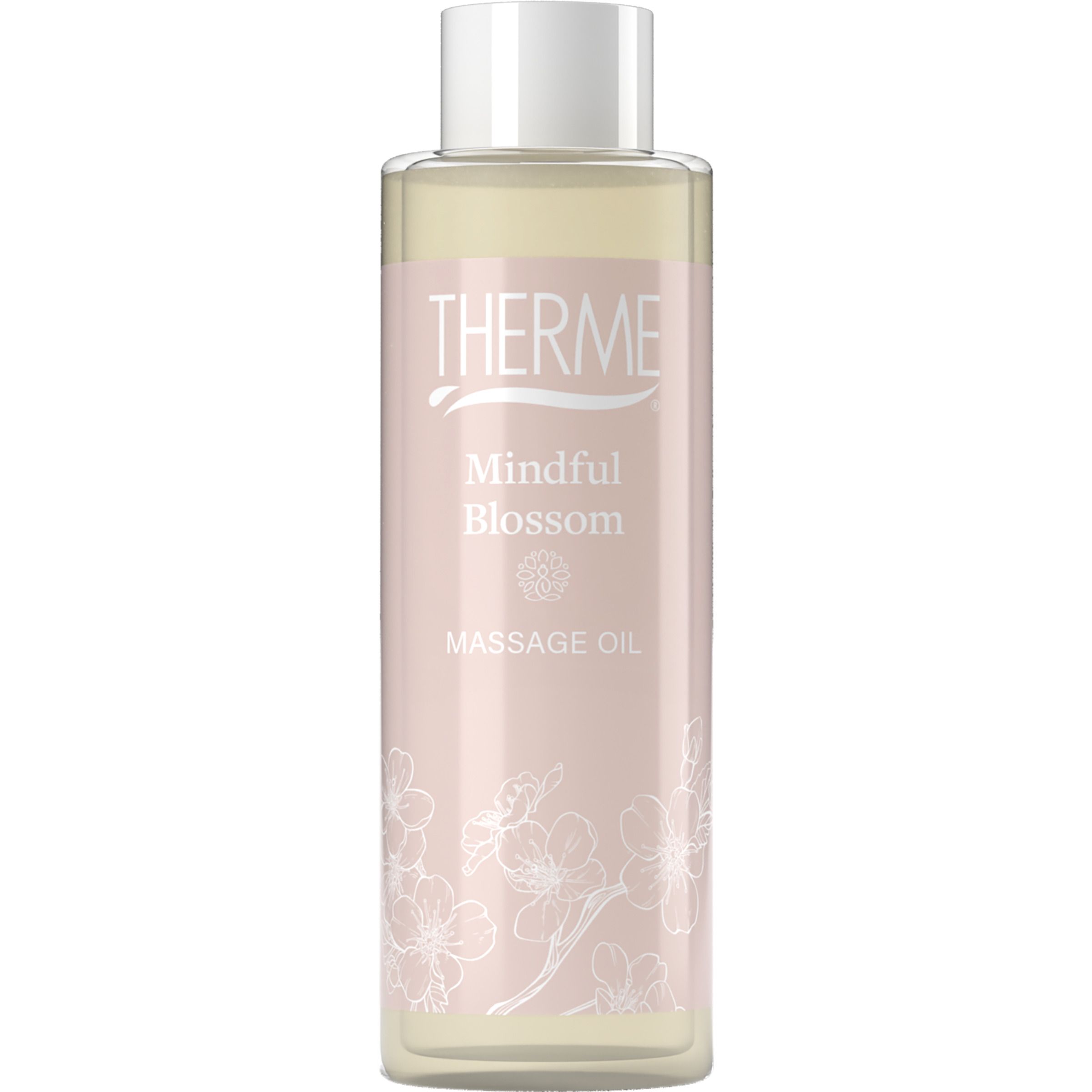 Therme massageoliefles. Opschrift: Mindful Blossom, Massage Oil. Roze achtergrond.