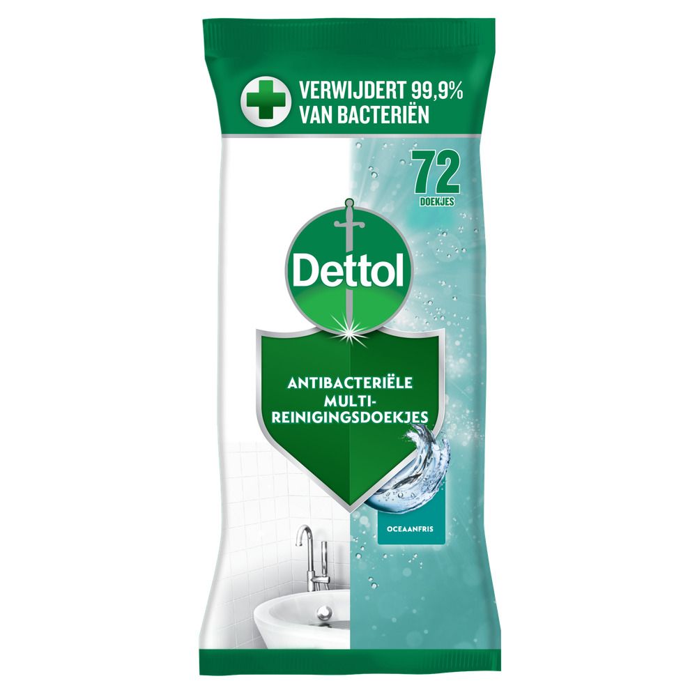 Paquet de lingettes antibactériennes Dettol. Contient 72 lingettes. Élimine 99,9% des bactéries. Parfum Océan.