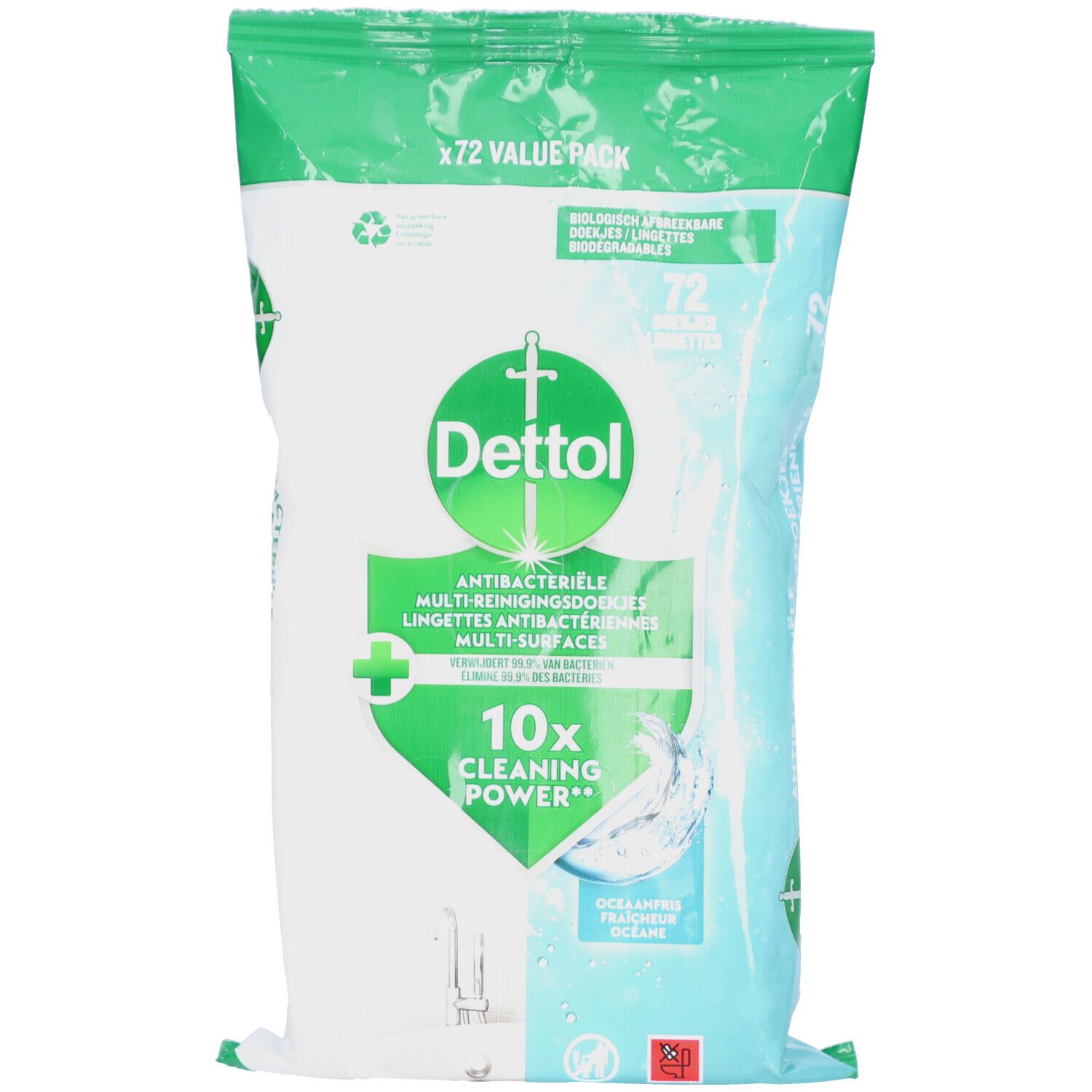 Lingettes nettoyantes Dettol, paquet de 72. Antibactérien, multi-surfaces. 10x pouvoir nettoyant. Parfum océan.