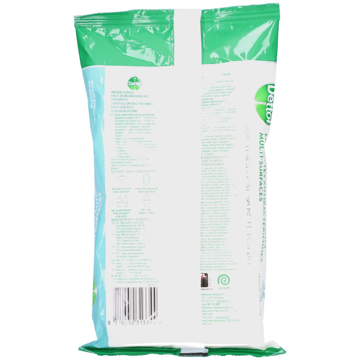 Dos du paquet de lingettes nettoyantes Dettol. Informations sur les ingrédients, le mode d'emploi et le recyclage.