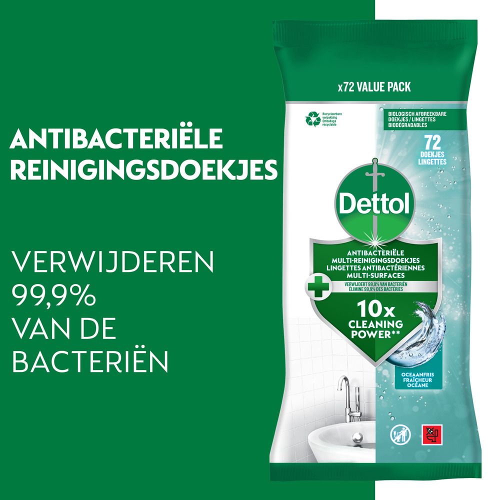 Dettol antibacteriële reinigingsdoekjes verpakking. Bevat 72 doekjes. Verwijdert 99,9% van de bacteriën. Oceaan geur.