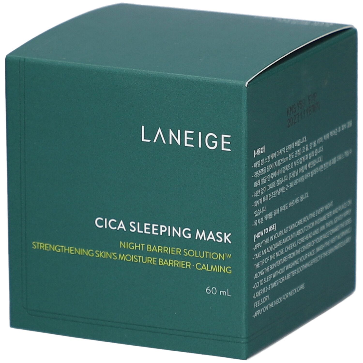 Groene doos met LANEIGE Cica Sleeping Mask, 60 ml. Witte tekst. Schuin van bovenaf gefotografeerd.