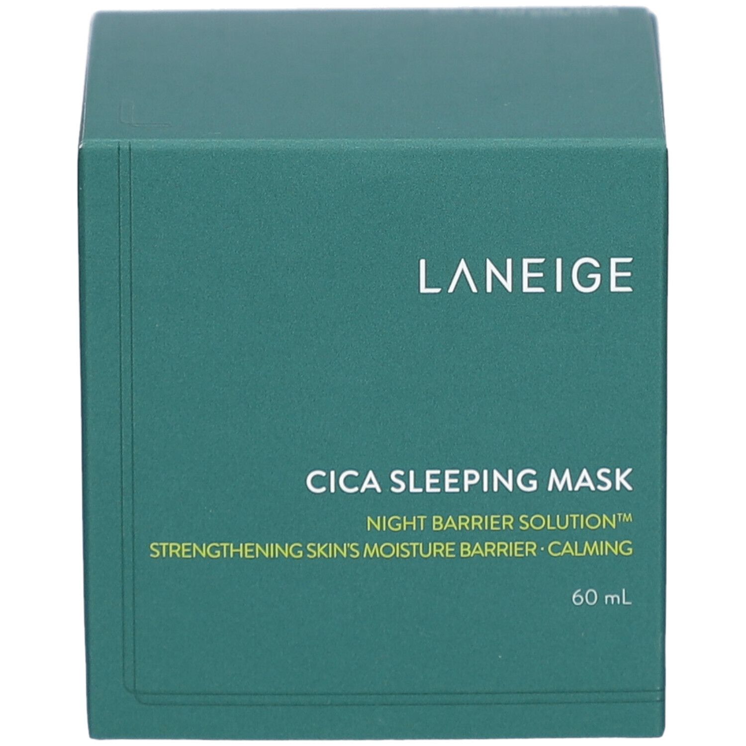 Groene doos met LANEIGE Cica Sleeping Mask, 60 ml. Witte tekst. Schuin gefotografeerd.