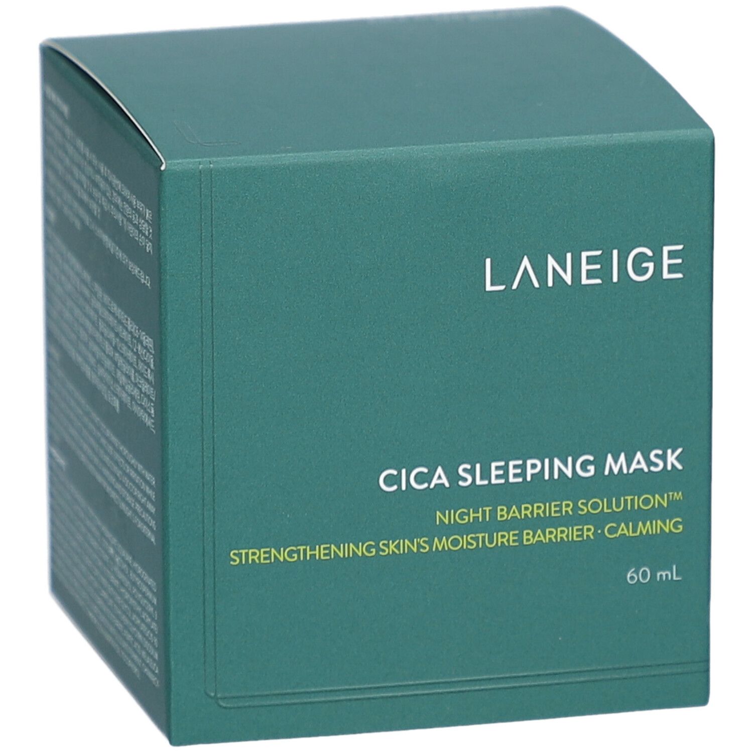 Groene doos met LANEIGE Cica Sleeping Mask, 60 ml. Witte tekst. Schuin gefotografeerd.