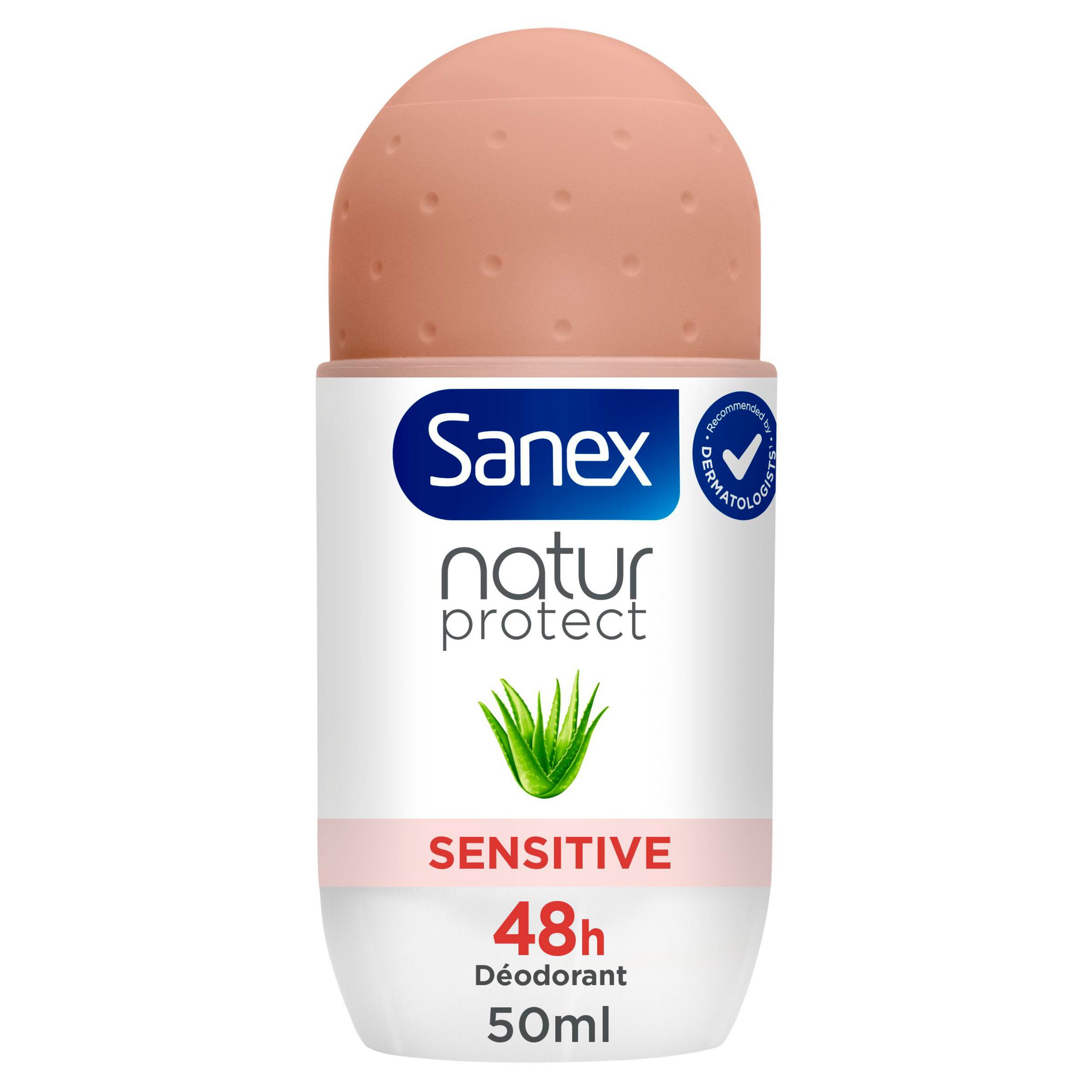 Sanex roller. Roze dop, witte fles. Tekst: Sanex, 48u, Sensitive, 0% alcohol.