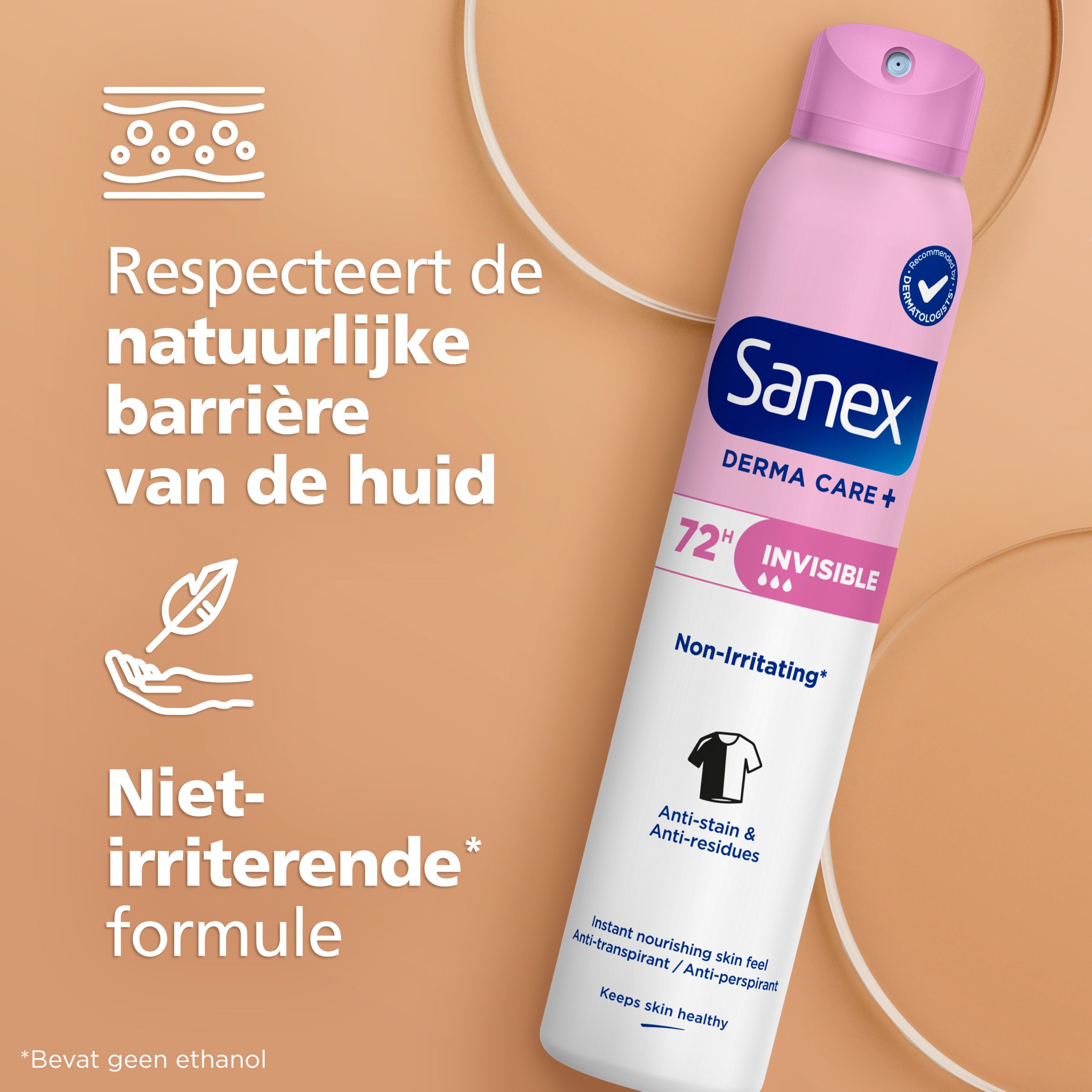 Sanex-logo. Tekst: Meer dan 94% van de mensen is het ermee eens dat het product niet brandt.