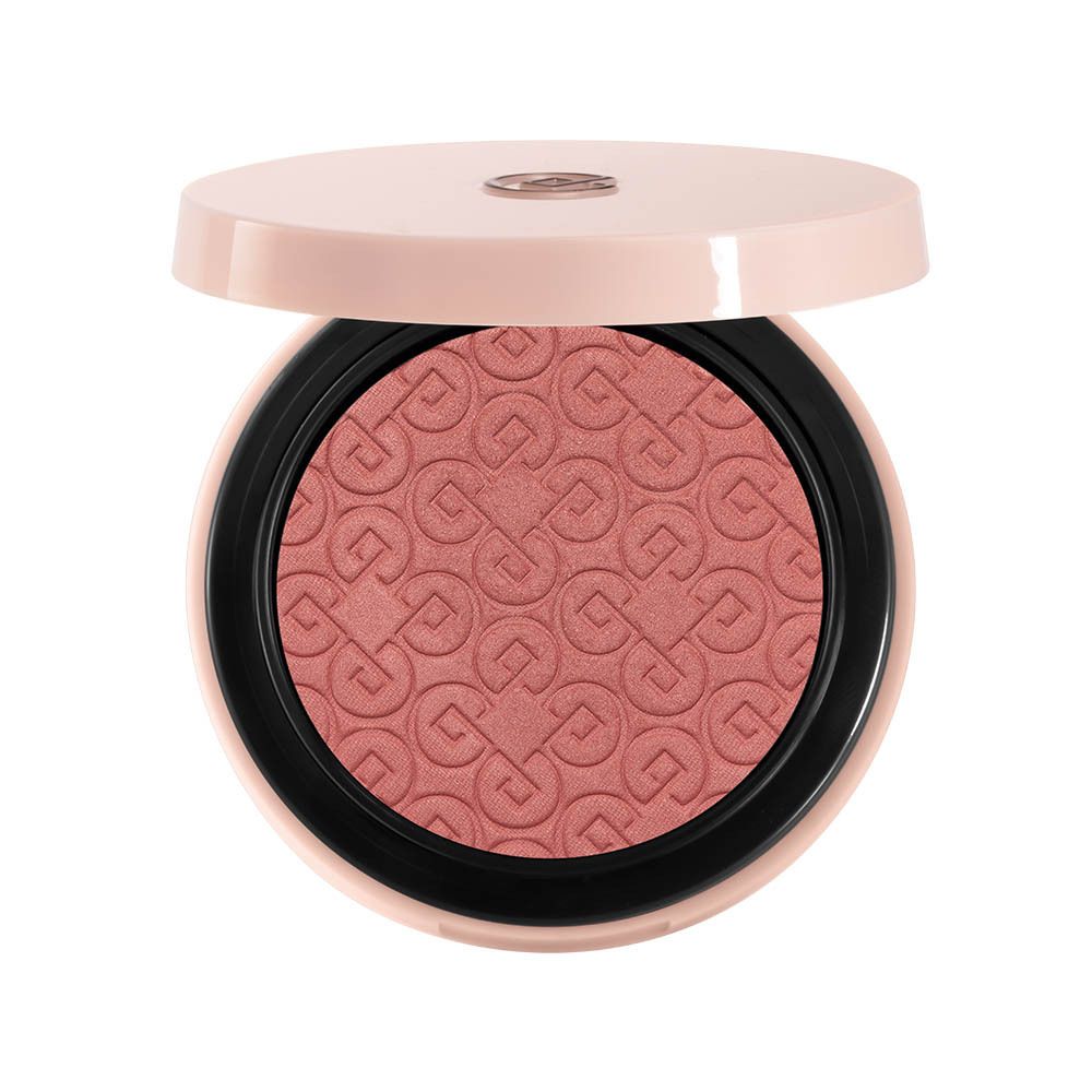 Ronde blush compact, roze behuizing, open deksel. Roze poeder met patroon.