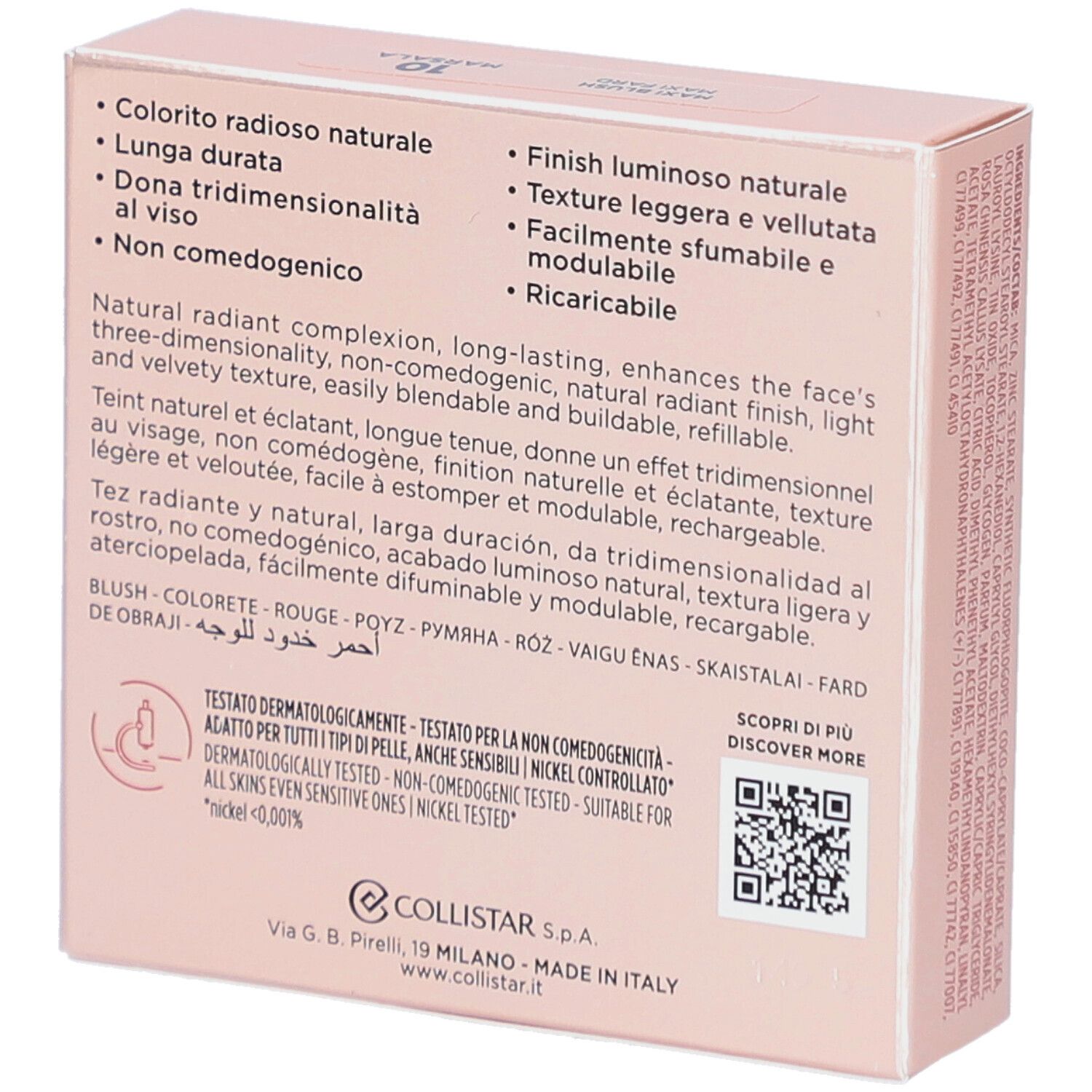 Boîte rose. Marque Collistar, nom du produit Impeccabile Maxi Blush. Texte imprimé.