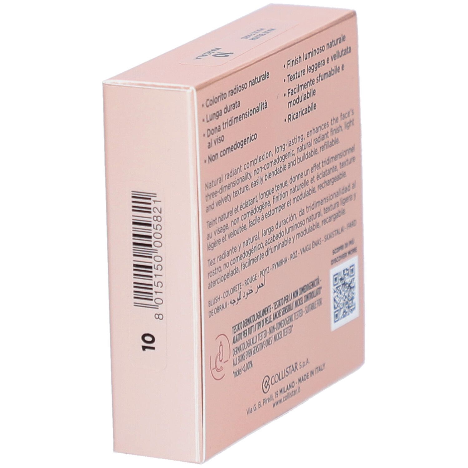 Boîte rose. Marque Collistar, nom du produit Impeccabile Maxi Blush. Code-barres et couleur 10.
