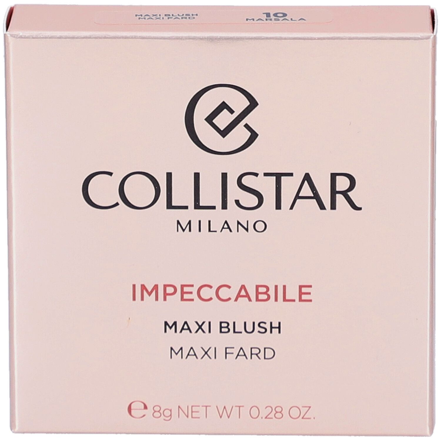 Boîte rose. Marque Collistar, nom du produit Impeccabile Maxi Blush. Poids 8g.