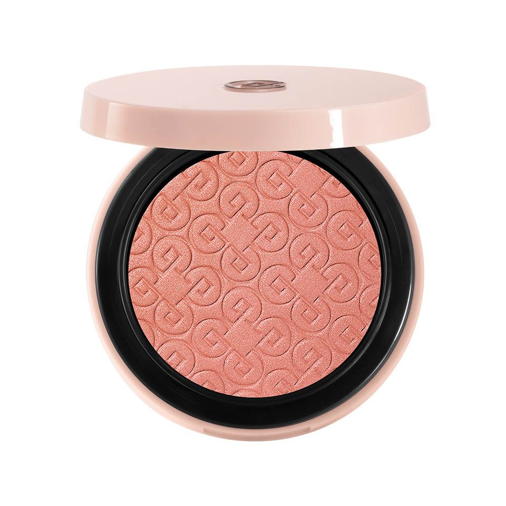 Ronde blush compact. Roze doosje met spiegel. Geopend. Reliëfpatroon. Roze tint.