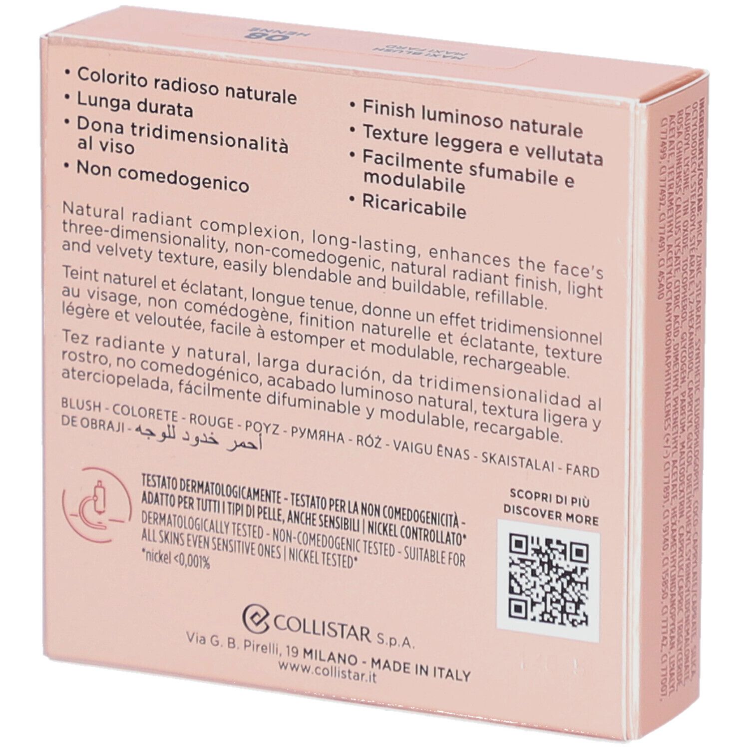 Achterkant blush verpakking. Tekst en QR-code. Roze achtergrond.