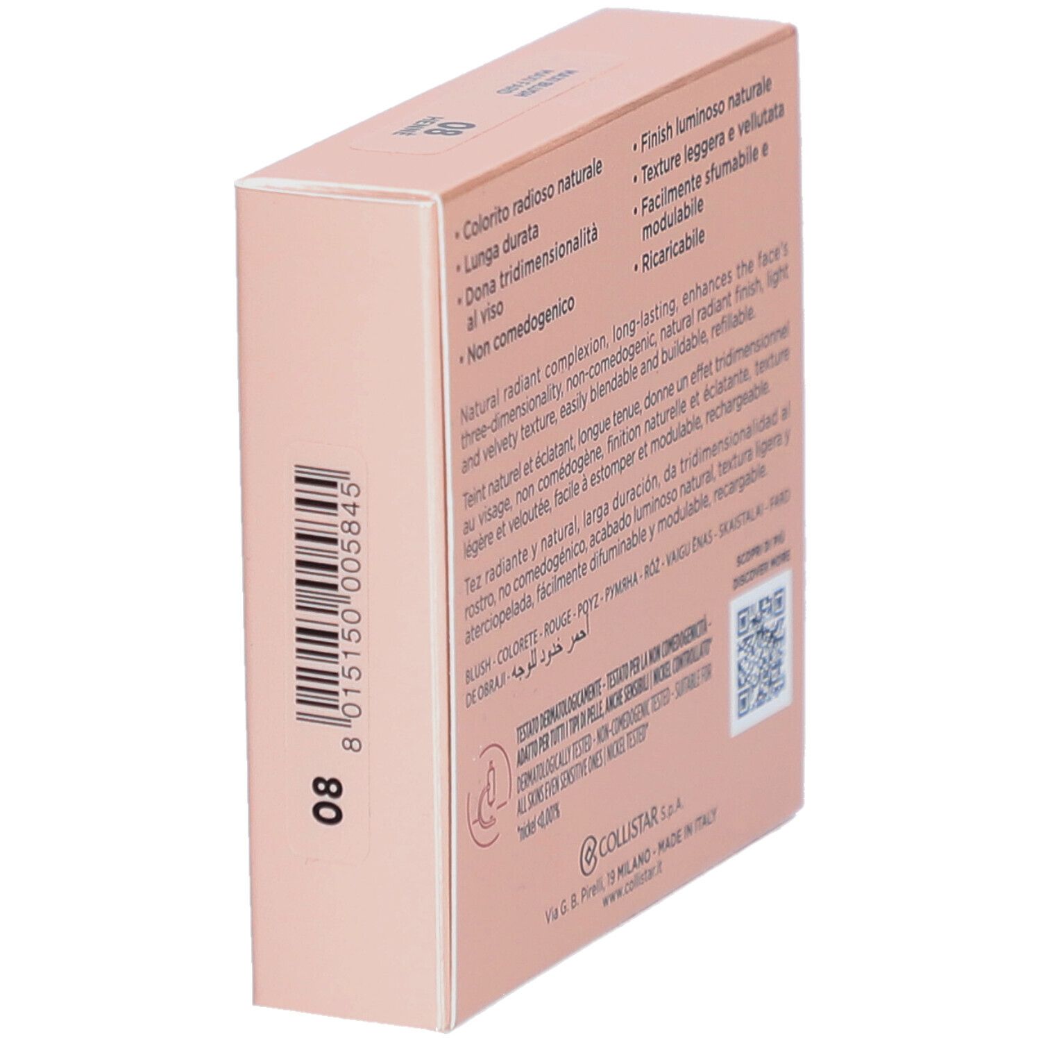 Schuine achterkant blush verpakking. Tekst en QR-code. Roze achtergrond.