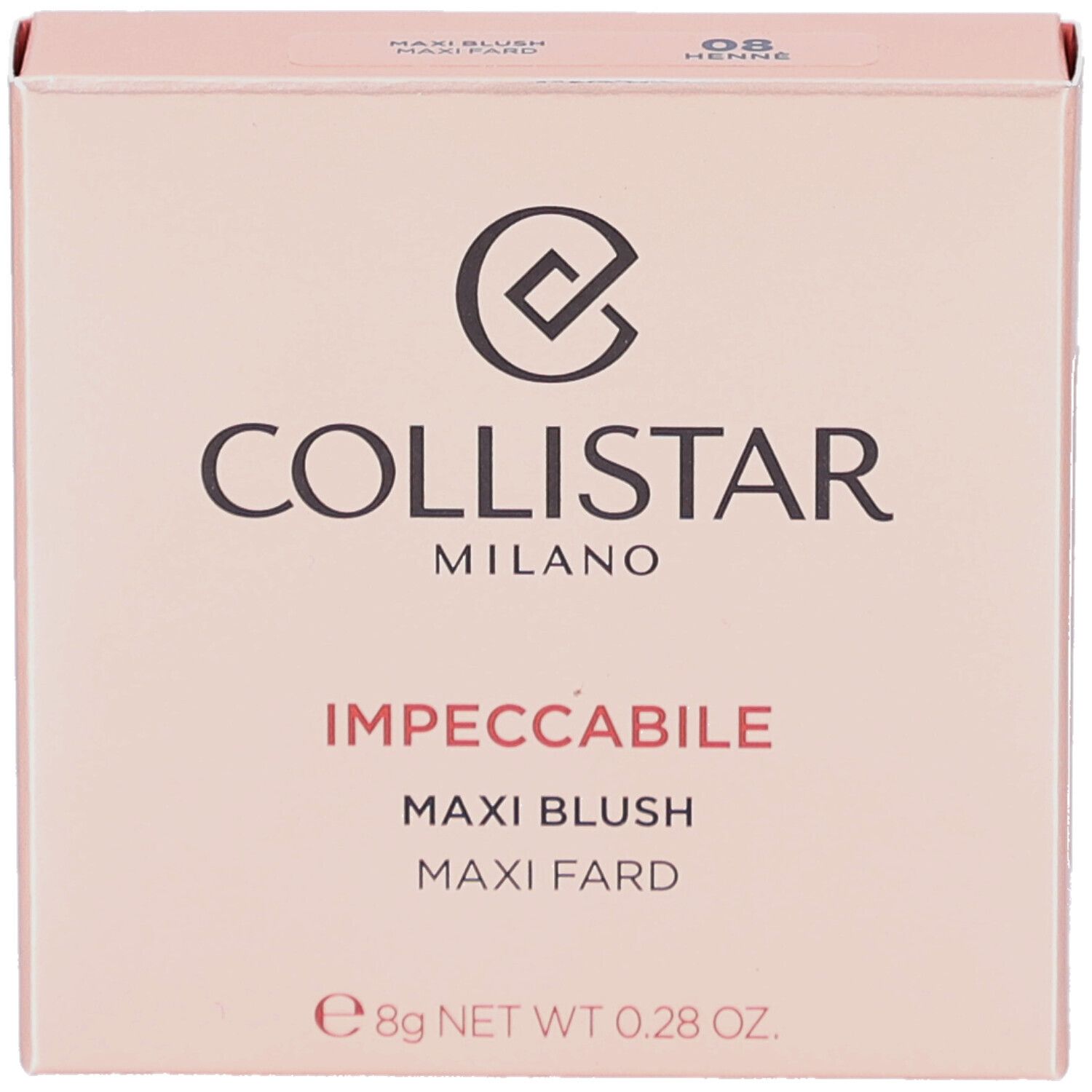 Roze blush verpakking. Logo en productnaam. Bevat 8g.