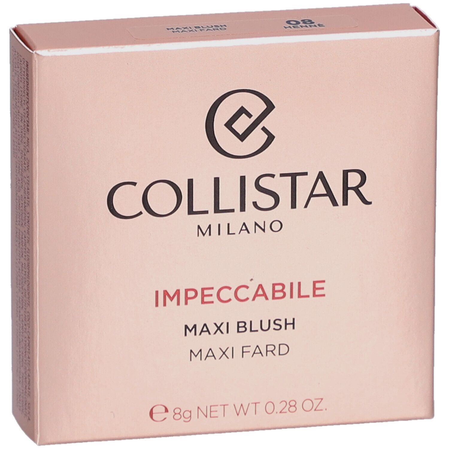 Roze blush verpakking. Logo en productnaam. Bevat 8g.