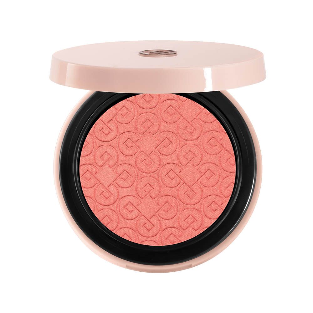 Ronde blush compactpoeder. Roze houder met spiegel. Open, product zichtbaar.
