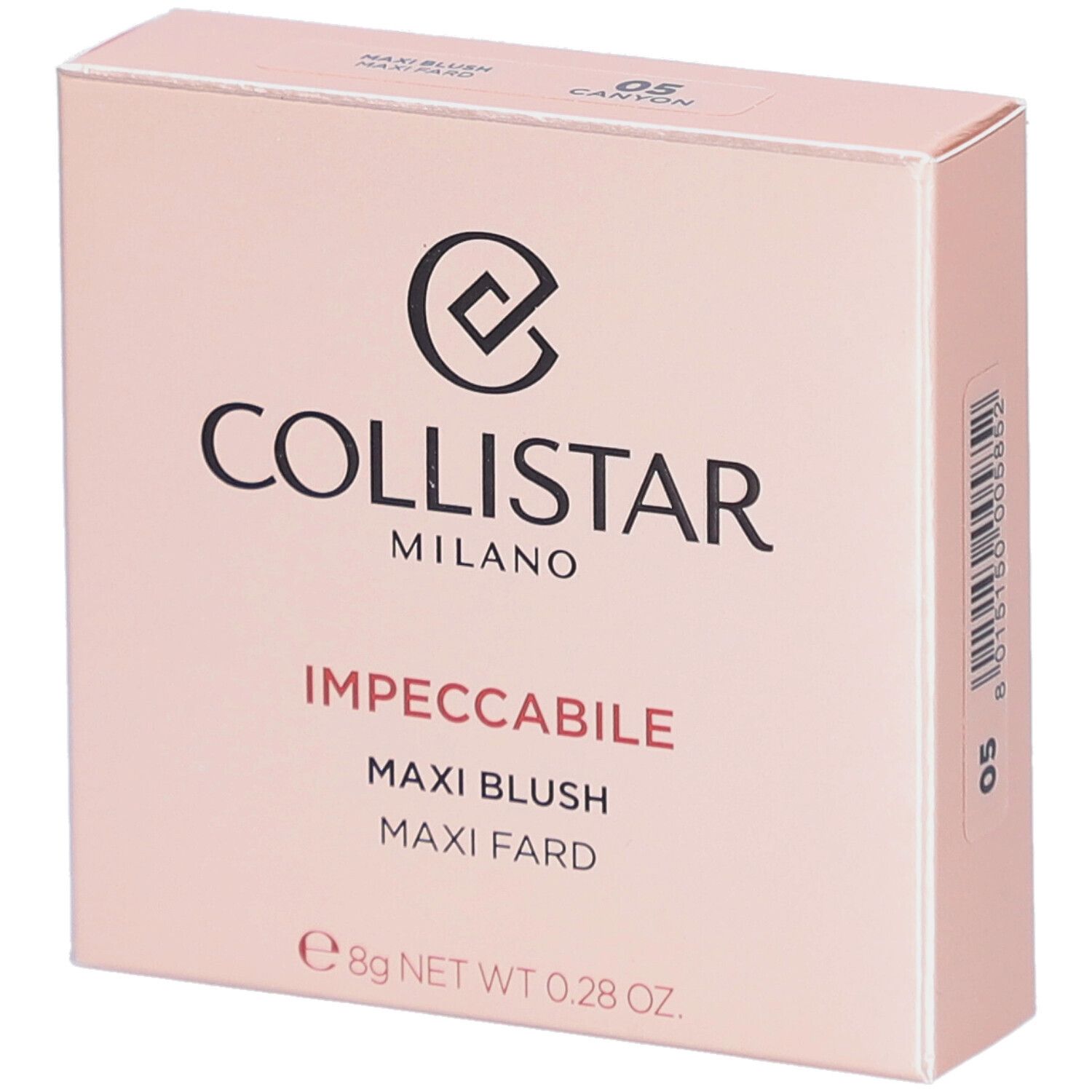 Collistar Impeccabile Maxi Blush 05 Canyon. Roze verpakking met logo en productinformatie.