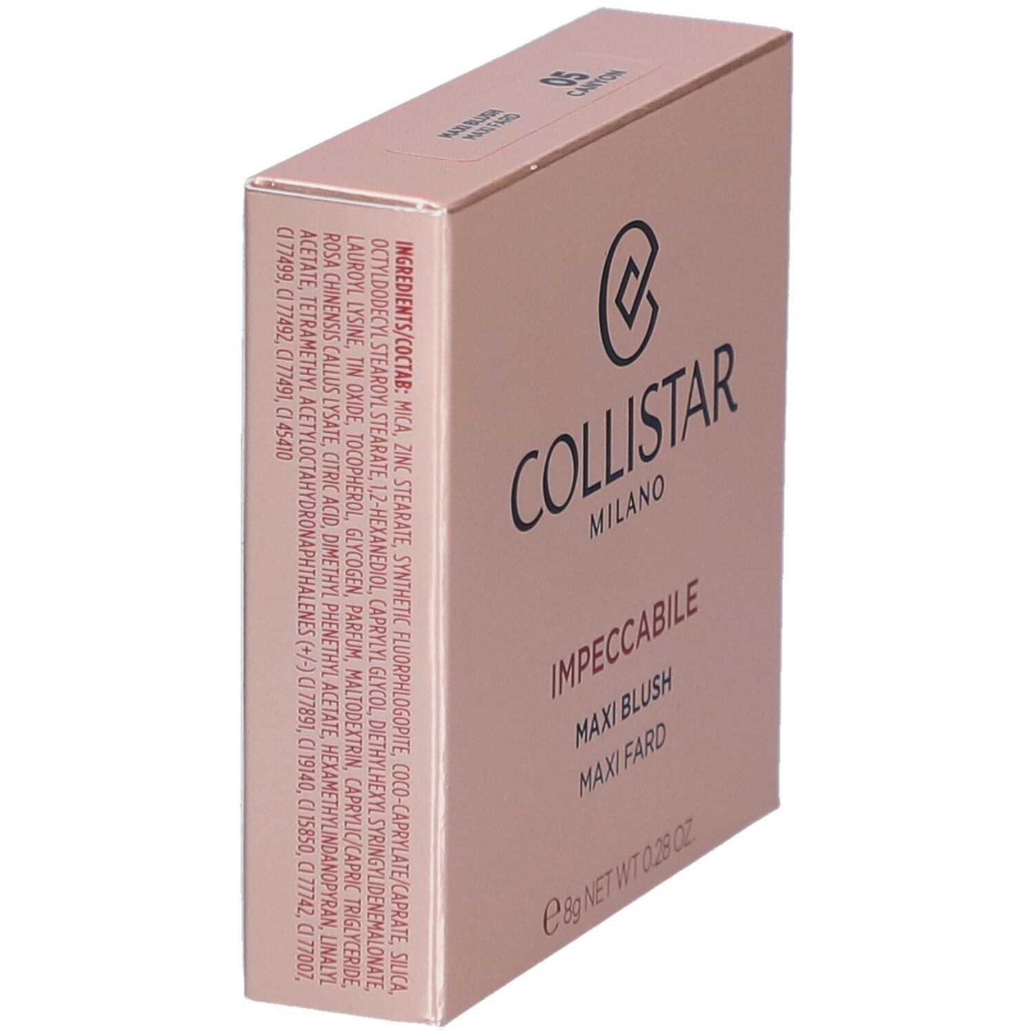 Collistar Impeccabile Maxi Blush 05 Canyon. Roze verpakking met logo en productdetails.