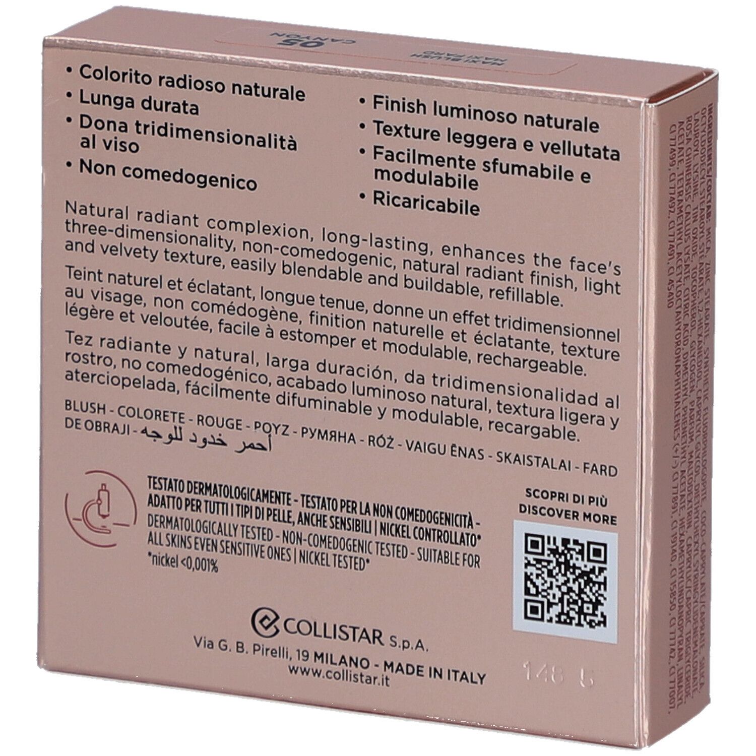 Achterkant blushverpakking. Ingrediënten, kenmerken en certificeringen. Merk Collistar.