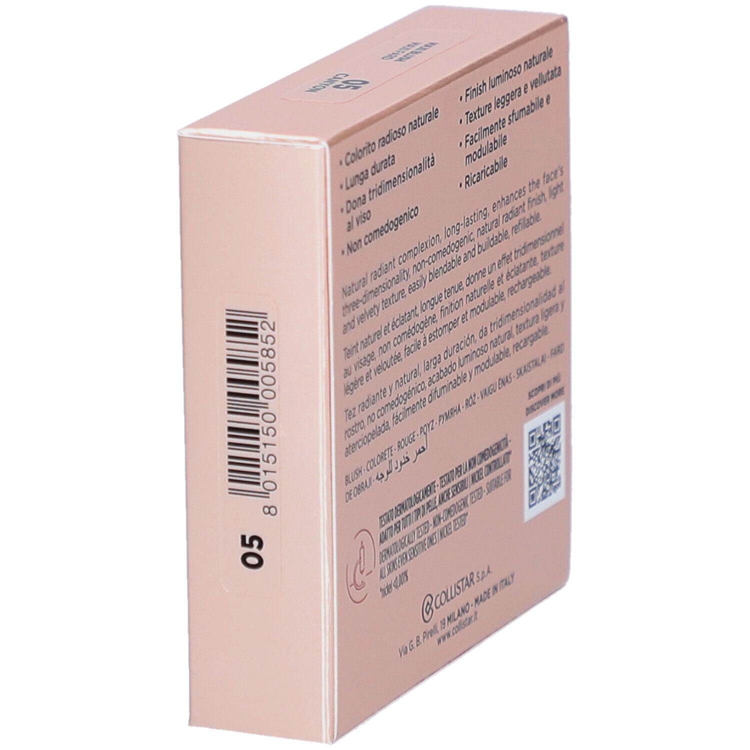 Collistar Impeccabile Maxi Blush 05 Canyon. Roze verpakking met logo en productdetails.