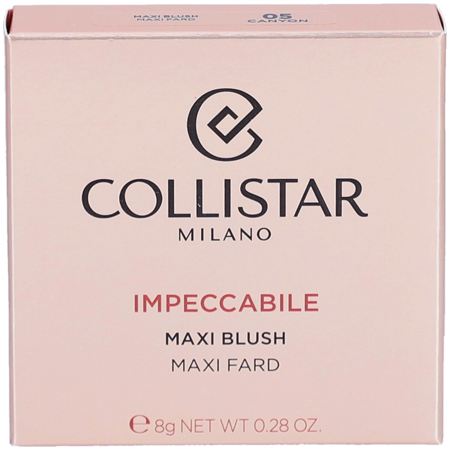 Collistar Impeccabile Maxi Blush 05 Canyon. Roze verpakking met logo en productdetails.