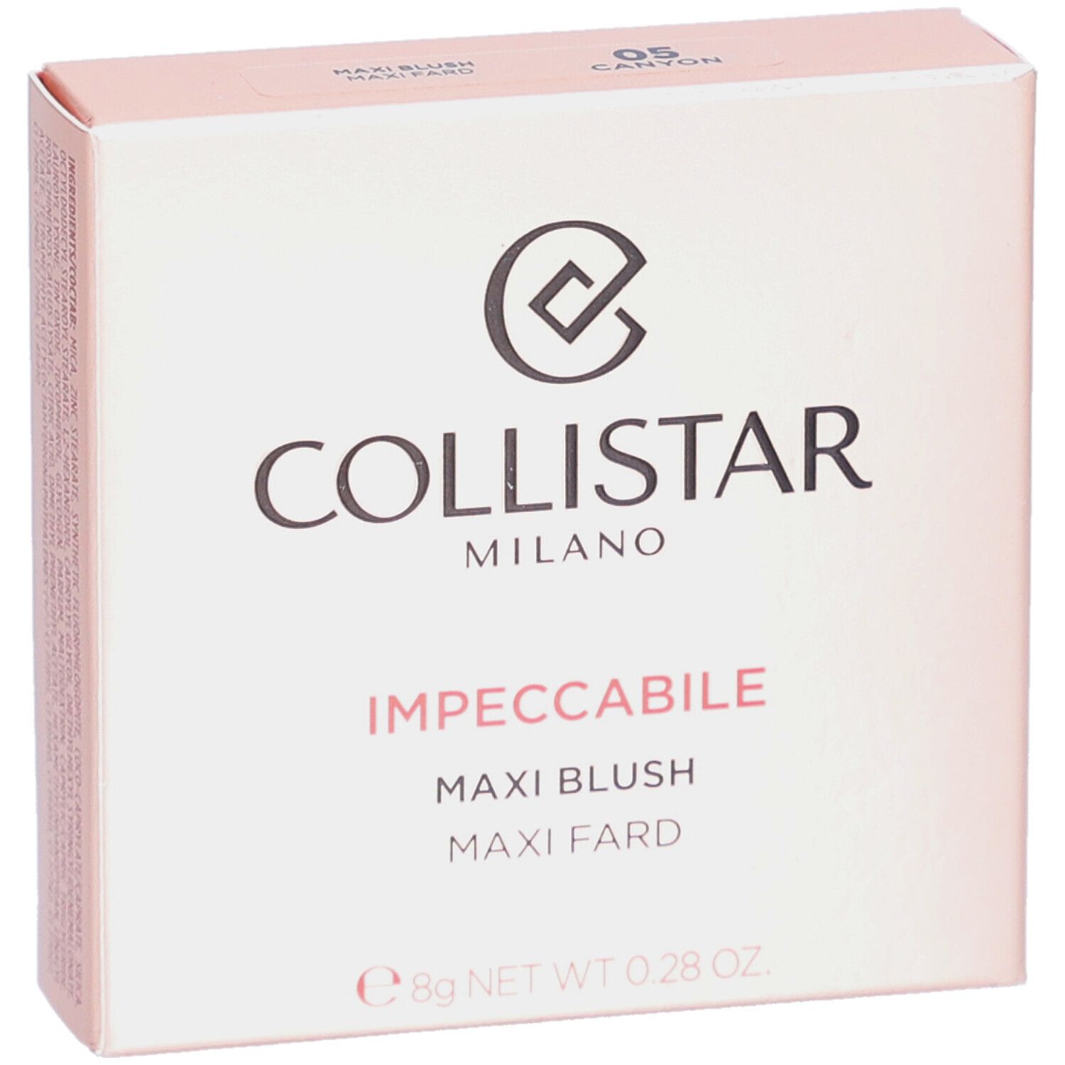 Collistar Impeccabile Maxi Blush. Roze verpakking met logo en tekst.