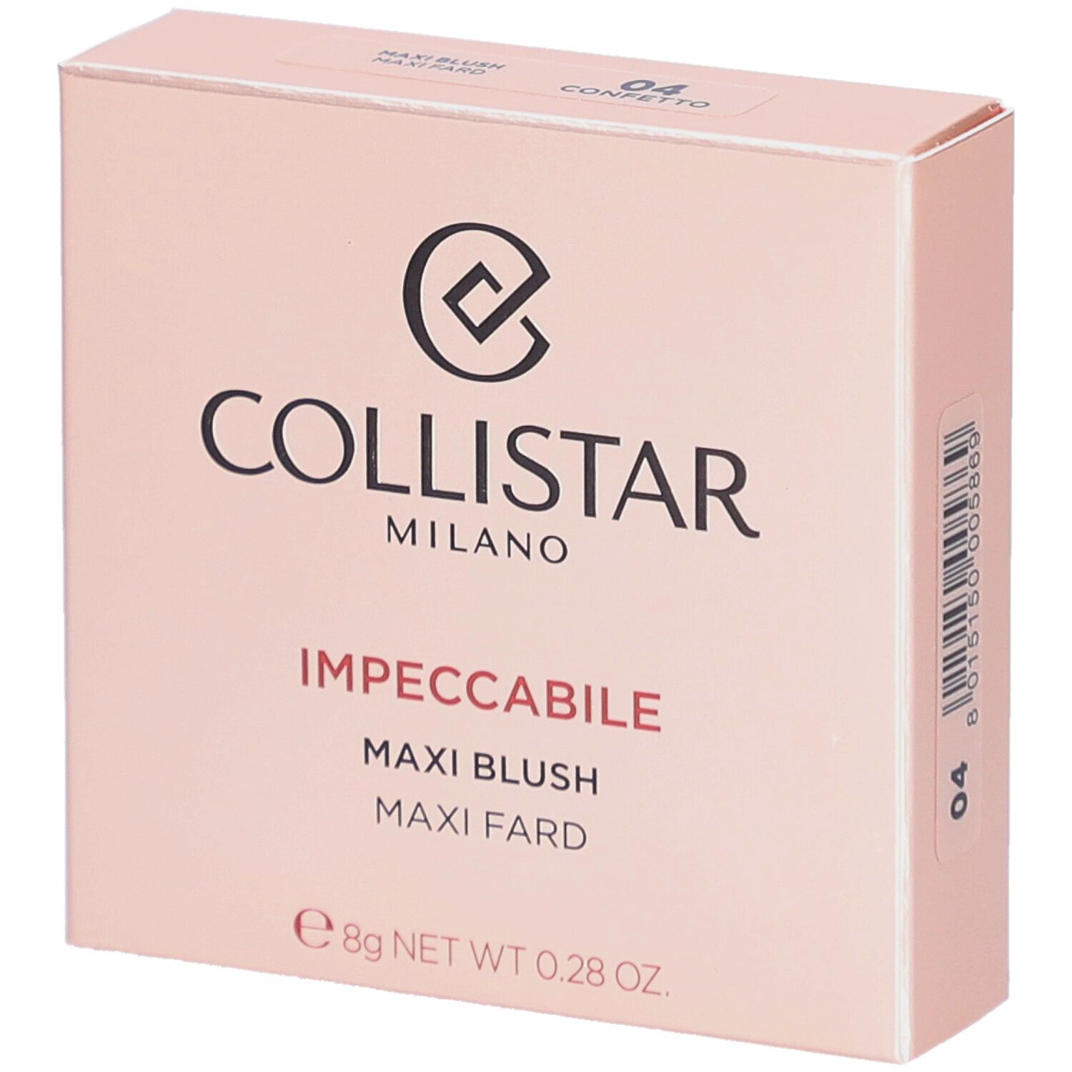Roze doos. Logo en tekst COLLISTAR MILANO. Productnaam: IMPPECCABILE MAXI BLUSH. Tint 04.