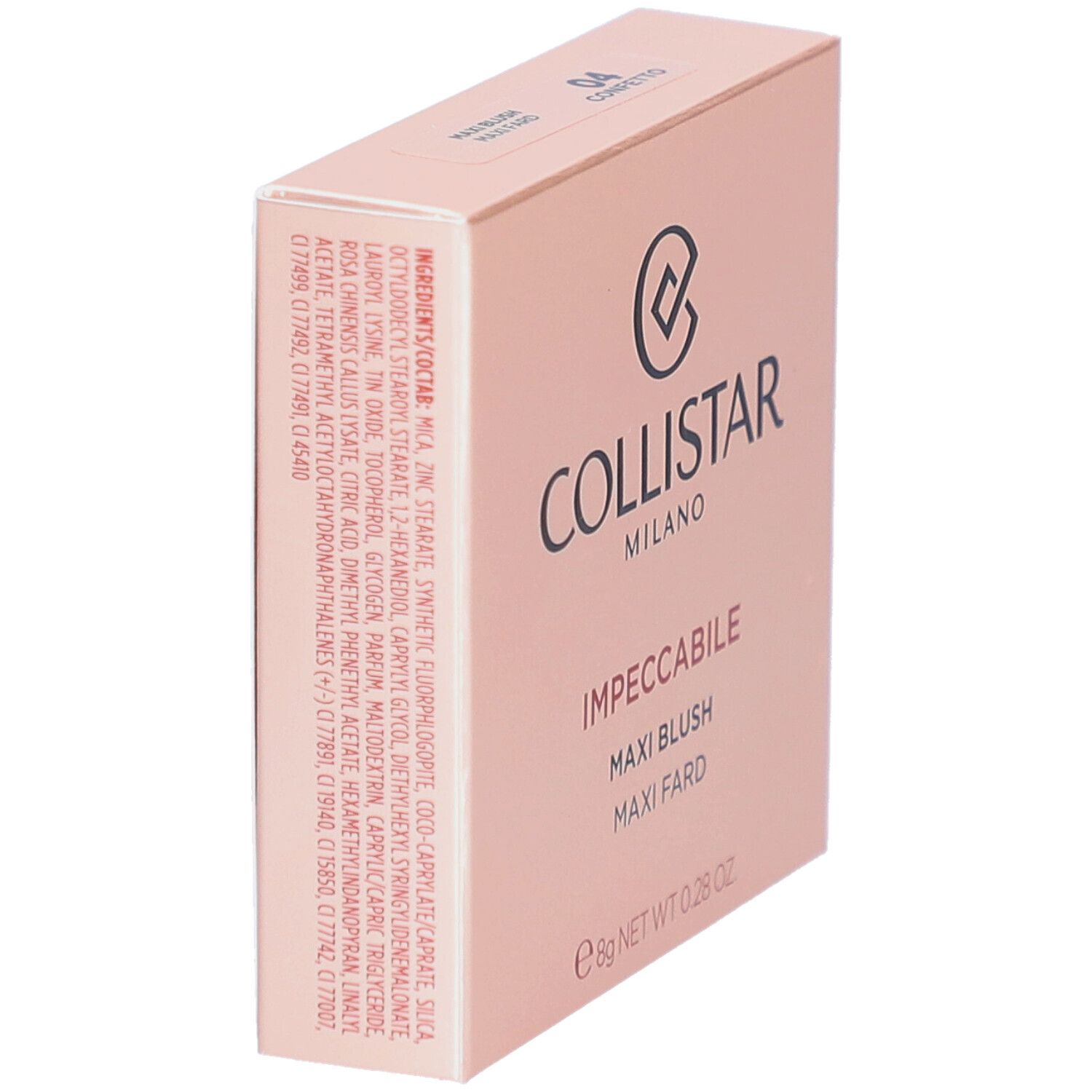 Roze doos. Logo en tekst COLLISTAR MILANO. Productnaam: IMPPECCABILE MAXI BLUSH. Ingrediënten.