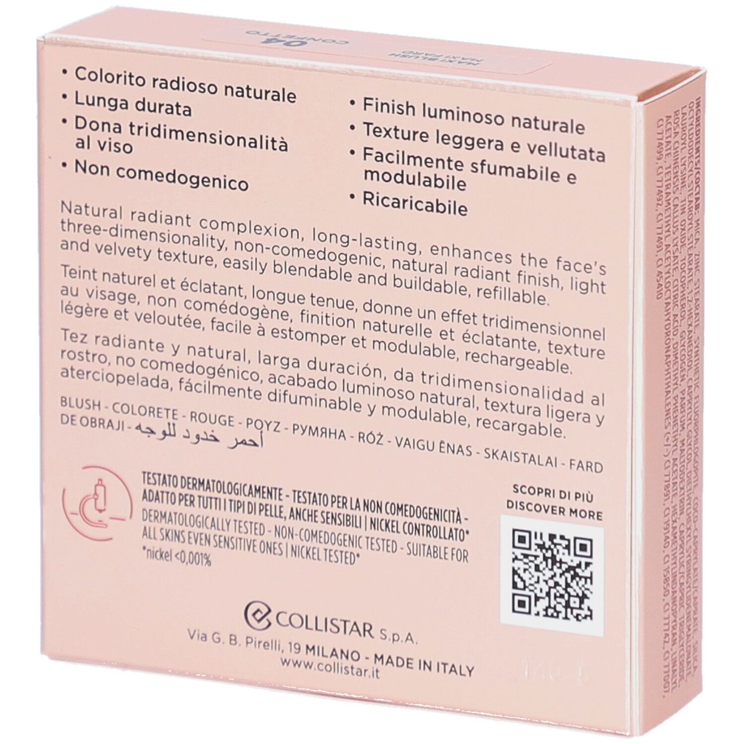 Roze doos. Logo en tekst COLLISTAR MILANO. Productnaam: IMPPECCABILE MAXI BLUSH. Meertalige tekst.