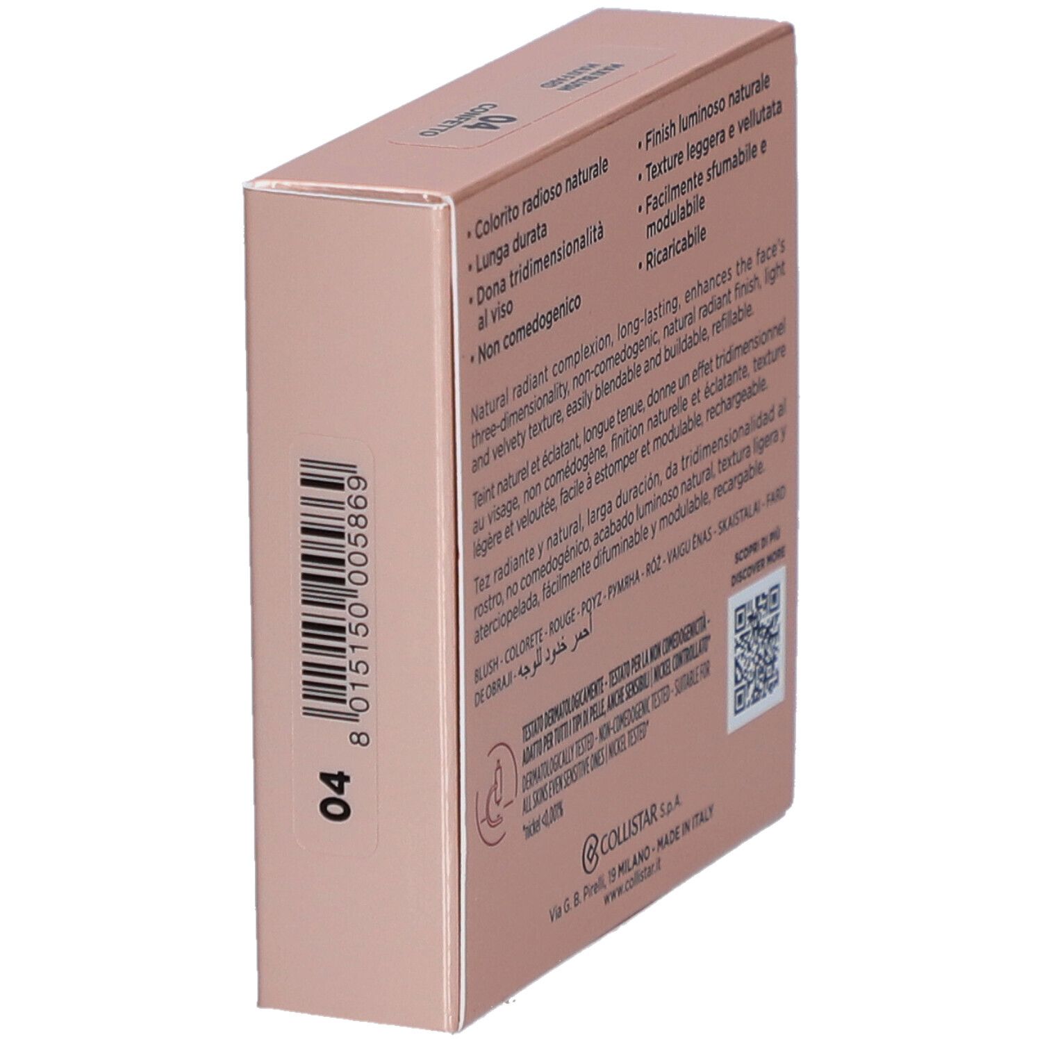 Roze doos. Logo en tekst COLLISTAR MILANO. Productnaam: IMPPECCABILE MAXI BLUSH. Tint 04.