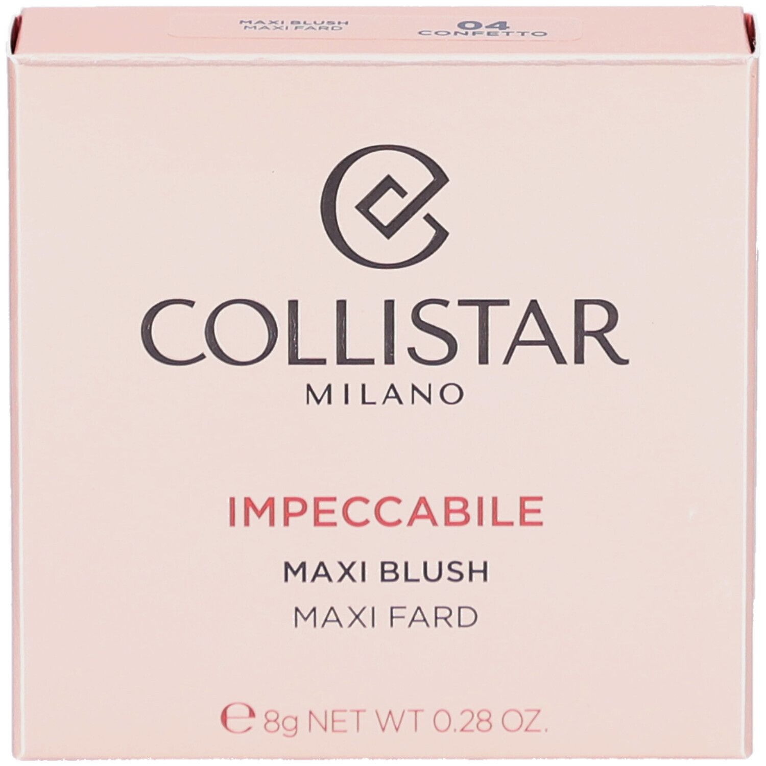 Roze doos. Logo en tekst COLLISTAR MILANO. Productnaam: IMPPECCABILE MAXI BLUSH. Tint 04.