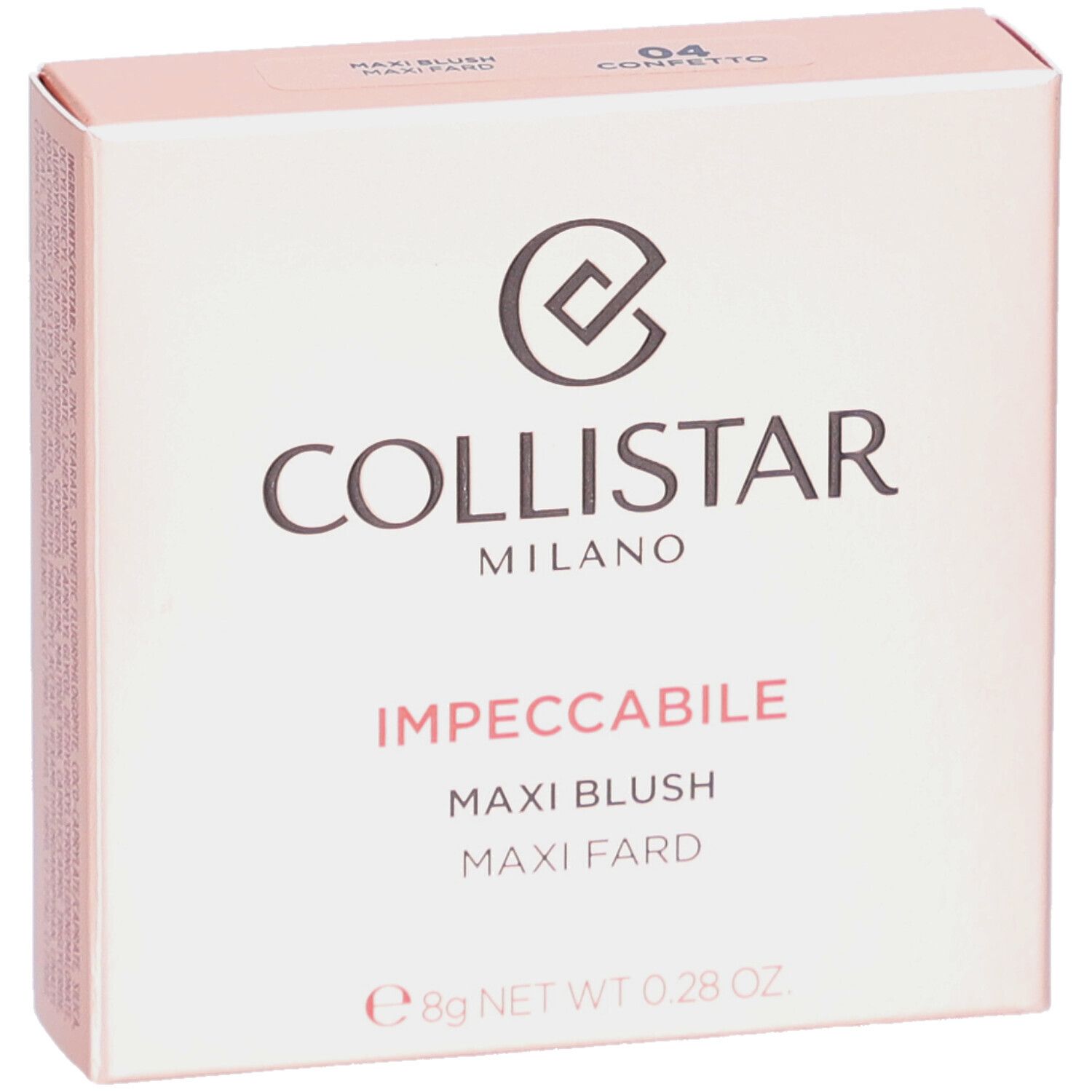 Roze doos. Logo en tekst COLLISTAR MILANO. Productnaam: IMPPECCABILE MAXI BLUSH. Tint 04.