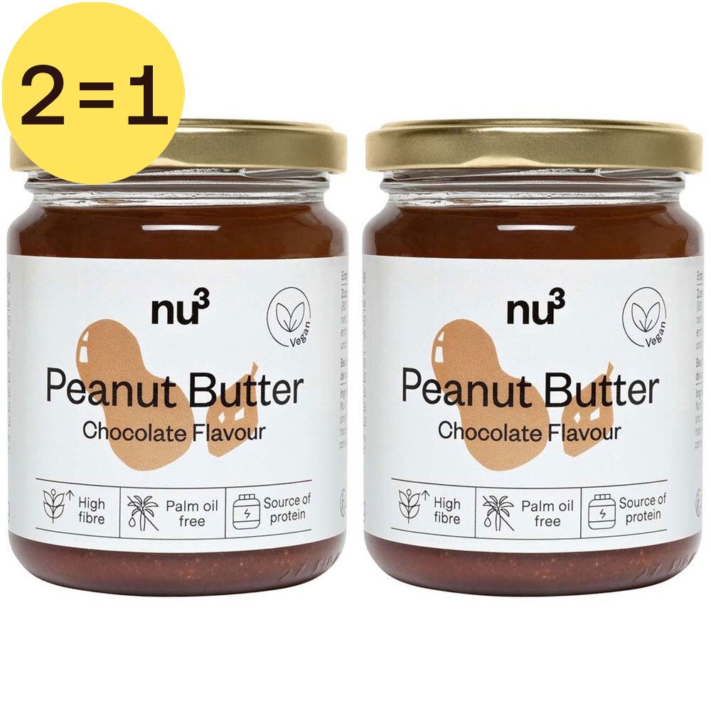 Deux pots de beurre de cacahuète au chocolat. Inscription : nu3, Peanut Butter, Chocolate Flavour. Label végétalien. Promo 2=1.