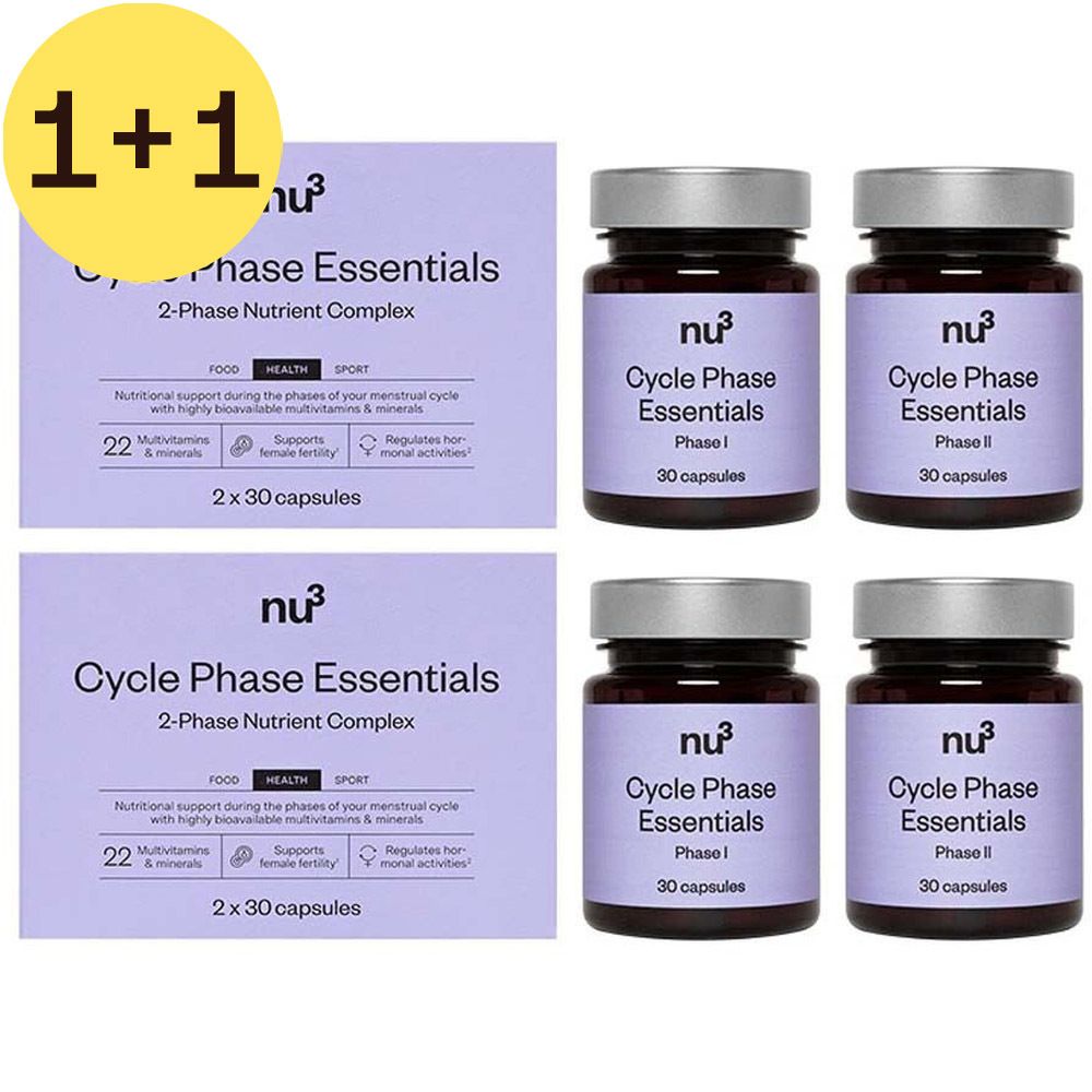 Twee verpakkingen nu3 Cycle Phase Essentials, elk met twee dozen en vier flessen. Opschrift: 2=1.