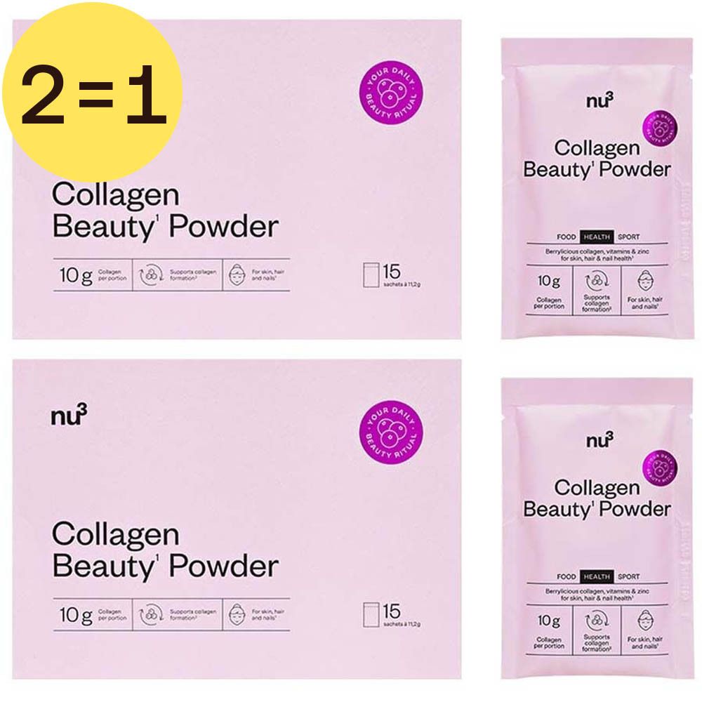 Deux boîtes et deux sachets de Collagen Beauty Powder. Emballage rose avec texte et logo. Offre 2=1.