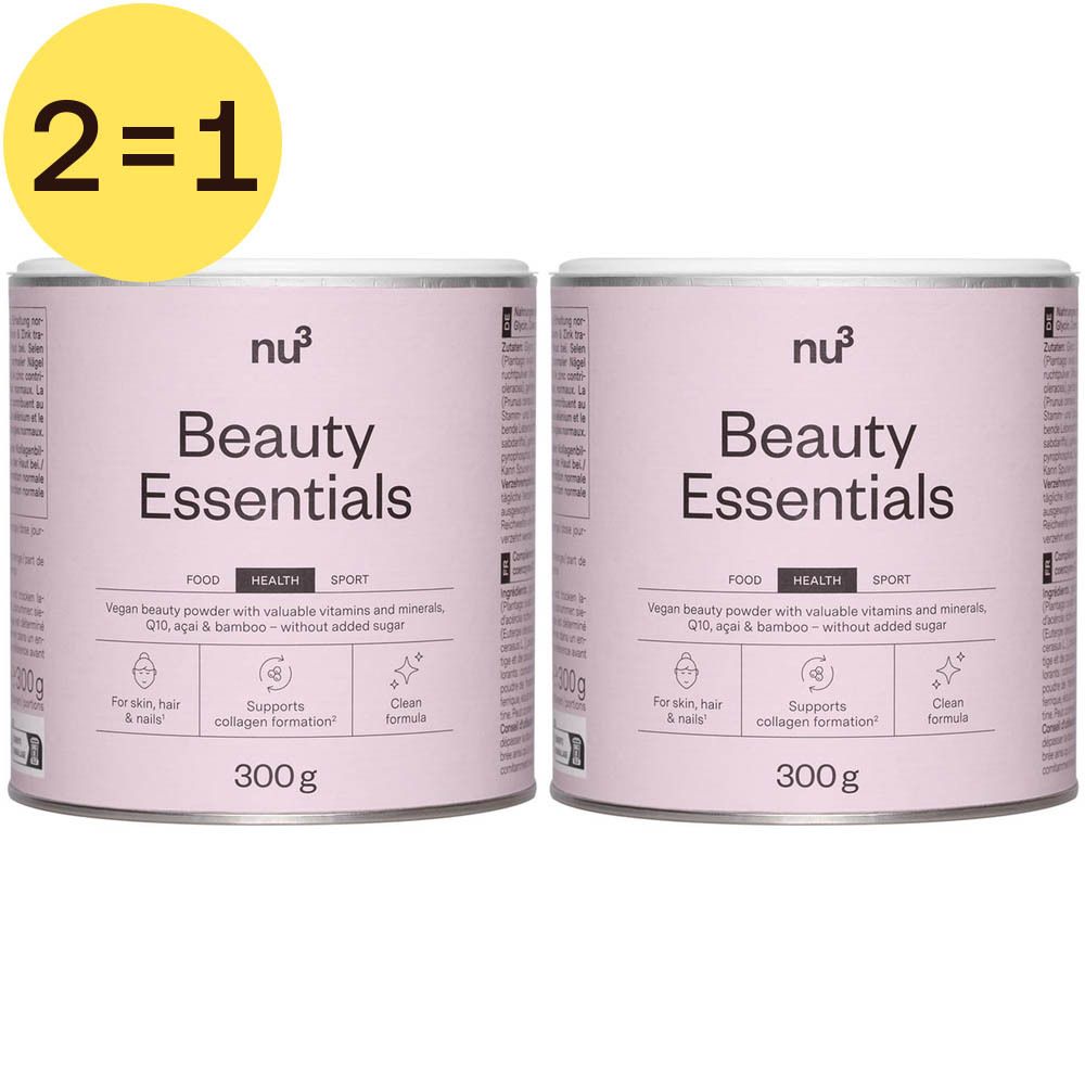 Deux boîtes de nu3 Beauty Essentials. Boîte rose avec texte blanc. Inscription : Beauty Essentials, 300g. Cercle jaune avec "2=1".
