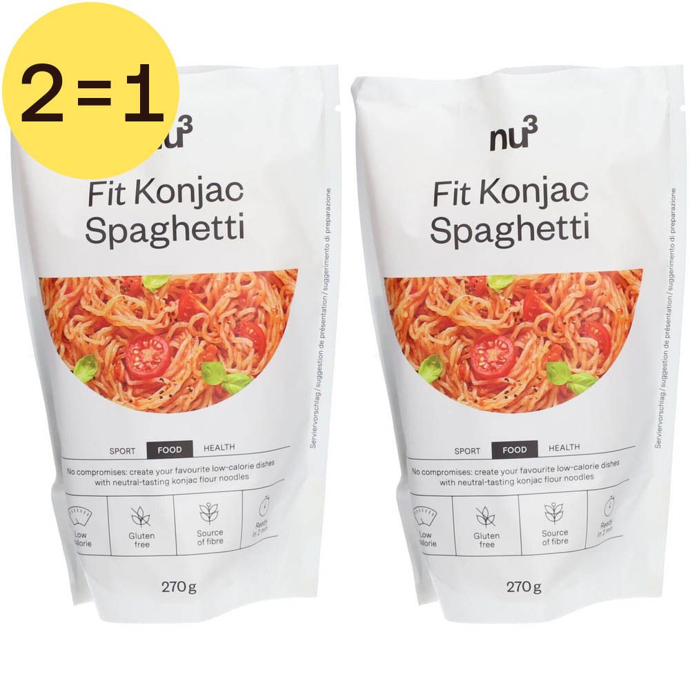 Twee zakken Fit Konjac Spaghetti. Opschrift: nu3, 2=1, productafbeelding, 270g, glutenvrij, rijk aan vezels.
