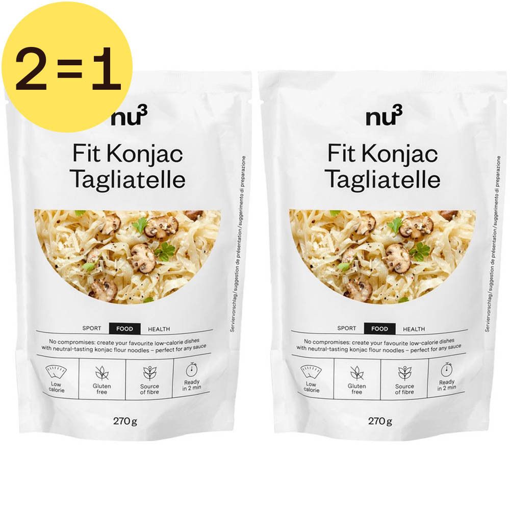 Deux paquets de nu3 Fit Konjac Tagliatelle. Inscription "2=1". Inscriptions : "SPORT FOOD HEALTH", "Low Calorie", "Sans gluten", "Source de fibres", "Prêt en 2 min".